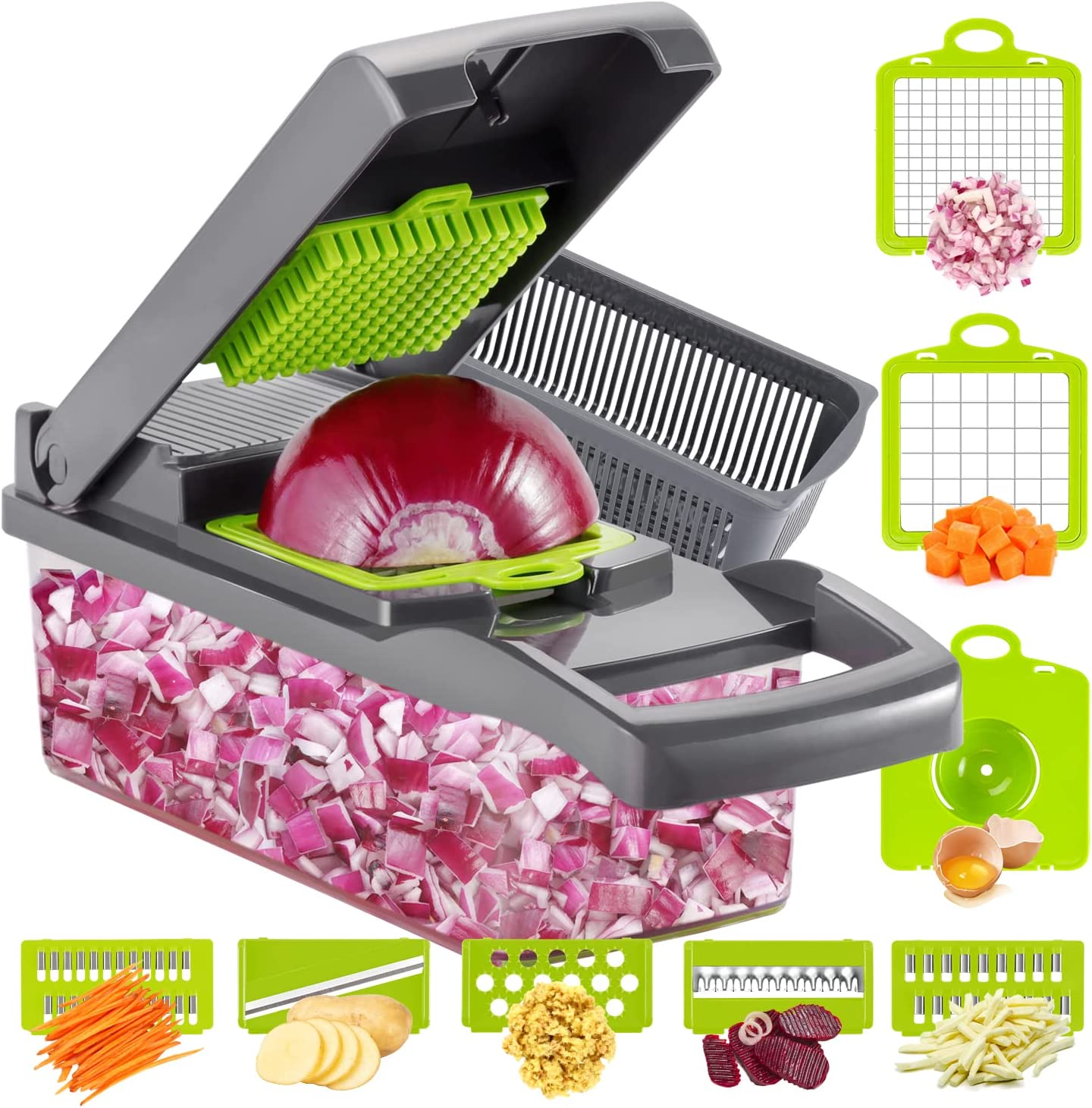 Ourokhome Vegetable Chopper Onion Cutter, 14 in 1 Professional Mandoline Slicer for Kitchen, Multifunctional Food Chopper for Potato, Tomato, Veggie with Strainer Basket, 10 Blades, Black