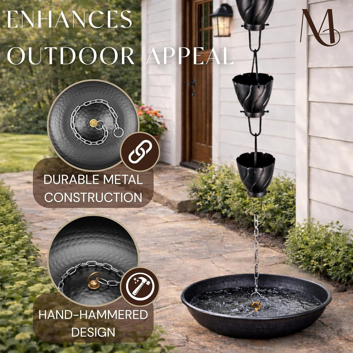 Monarch Rain Chains 15 Inch Basin Hand Hammered Rain Chain Anchoring Basin Downspout Gutters for Outdoor Garden, Lawn and Patio Water Feature, 15 Inch Diameter, Matte Black image number 1