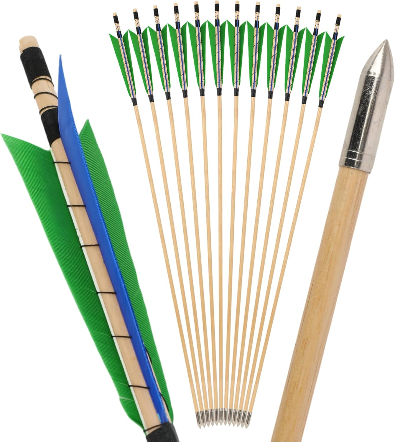 32 Inch Wooden Arrow English Longbow Arrow Target Pracrice Arrow Shaft with 5" Turkey Feather Fletching and Field Point for Recurve Bow Longbow Traditaonal Bow