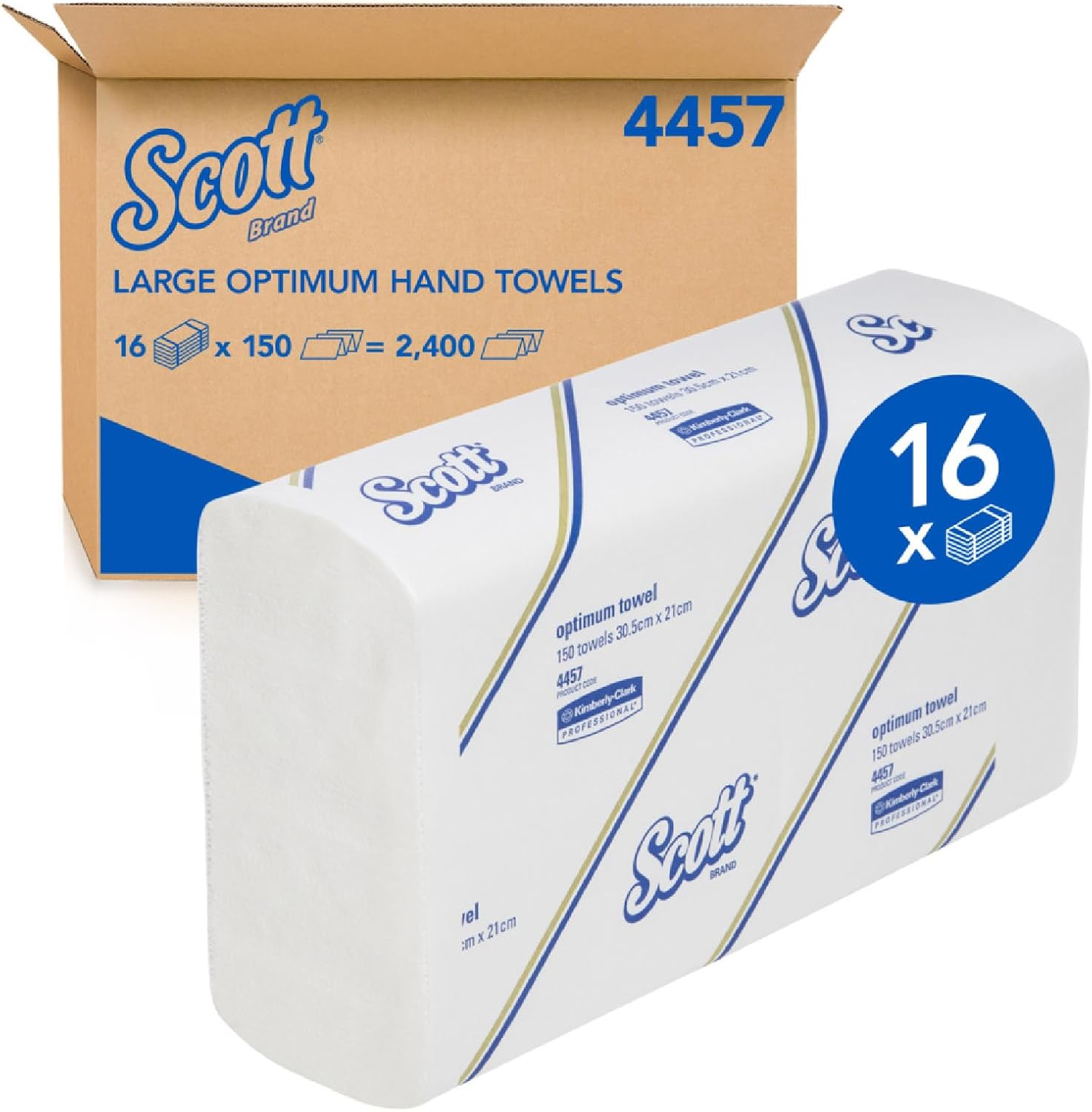 SCOTT&reg; Large Optimum Hand Towels (4457), Folded Paper Towels, 16 Packs / Case, 150 Hand Towels / Pack (2,400 Towels) image number 1
