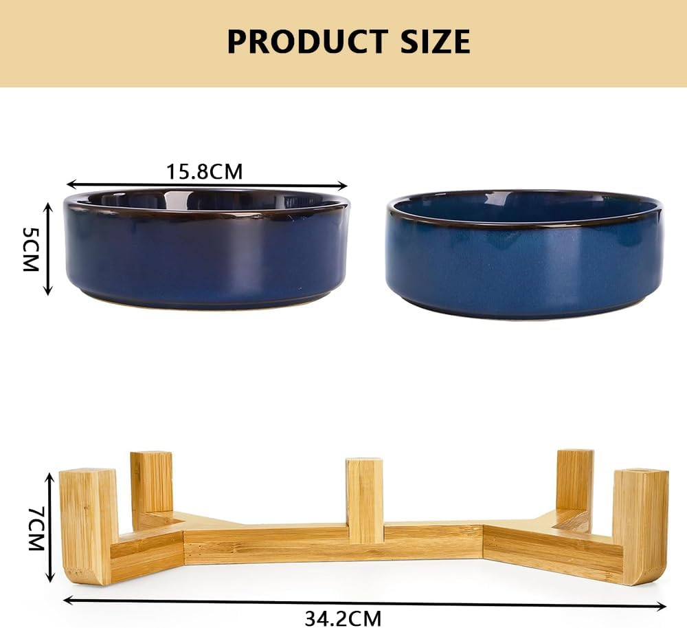 HYAVIA Ceramic Dog Bowl Set with Wooden Stand &ndash; 450 ML Non-Slip Food & Water Bowls for Small and Medium Dogs & Cats, Matte Glaze, Raised Slow Feeder Dish to Prevent Choking (Blue)
