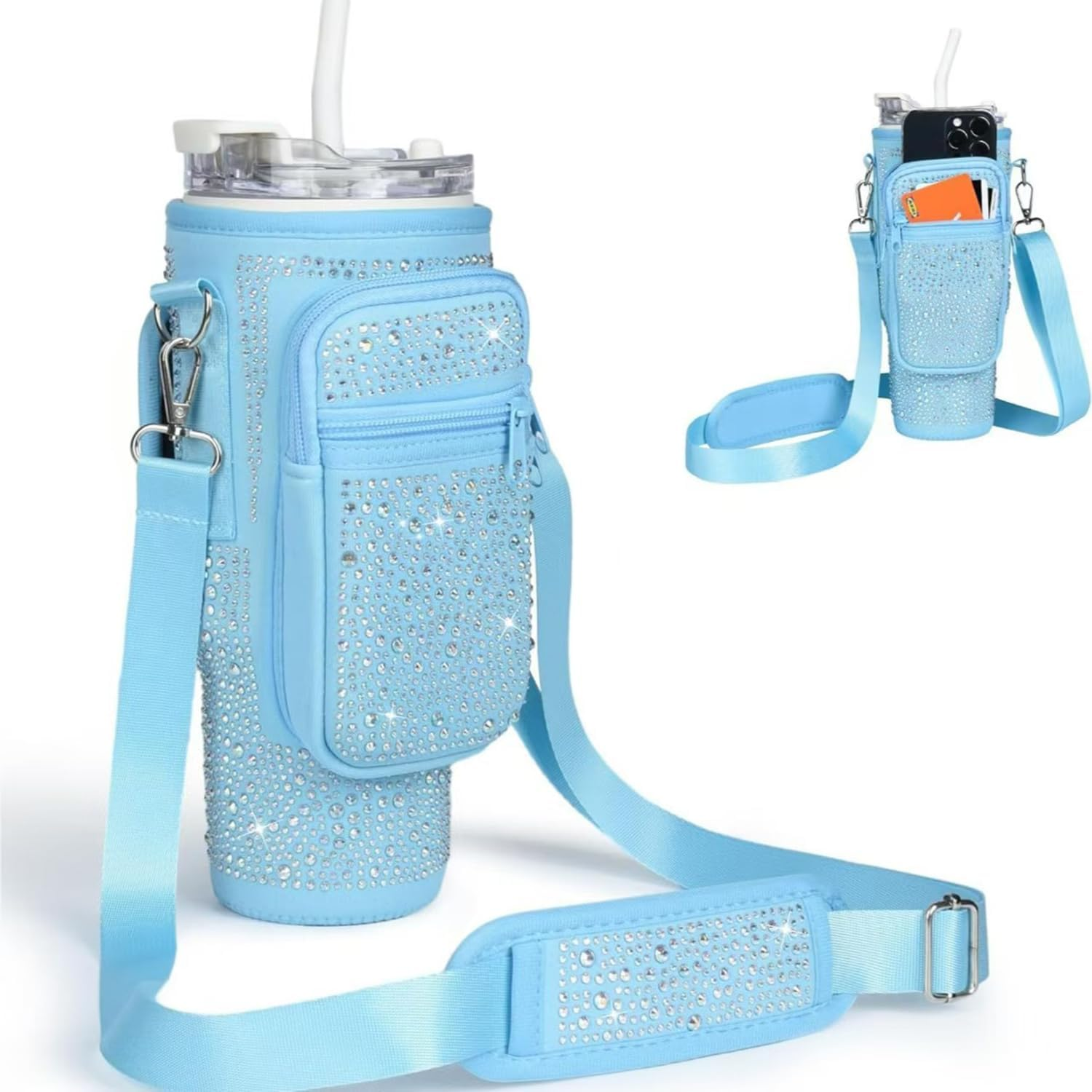 Bling Water Bottle Carrier Bag with Phone Pocket for Stanley Cup 40 Oz, Neoprene Water Bottle Holder Pouch with Adjustable Strap for Stanley Cup Accessories (Black)