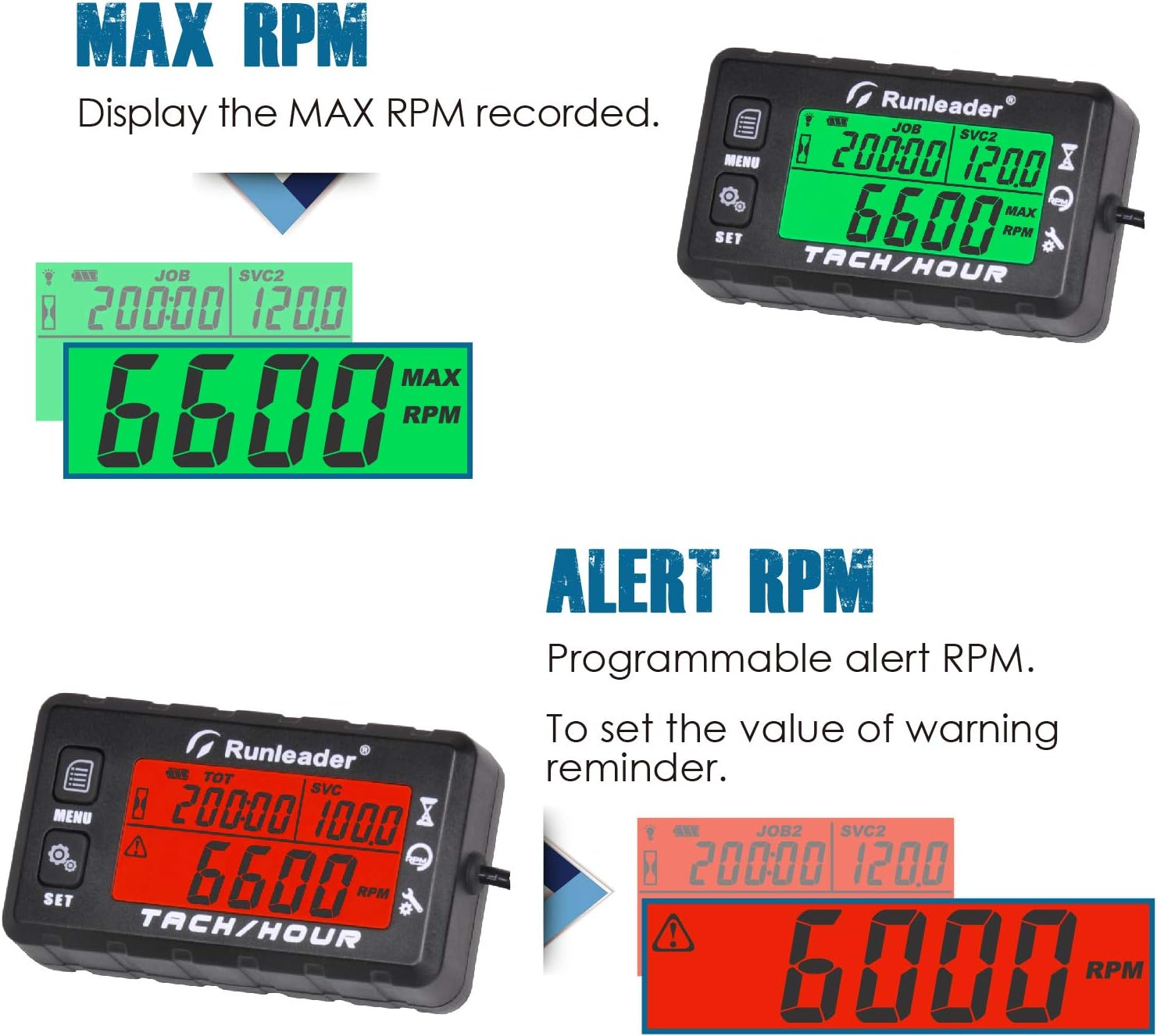 Runleader Hour Meter Tachometer, Maintenance Reminder, Alert RPM Reminder, Initial Hours Settable, Battery Replaceable, Use for Lawn Mower Generator Marine ATV and Gas Powered Equipment (HM058B-BK) - Hm058B-Bu image number 2
