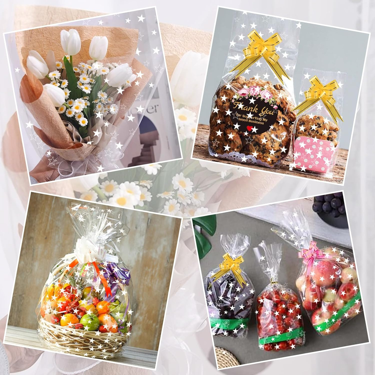 Fayrvind Large Star Clear Cellophane Wrapping Roll, 84Cm X 20M (84Cm Width Folded to 42Cm) Transparent Cellophane Roll with Pull Bows for Gift Hampers Packing for Christmas, Mothers Day, Fathers Day