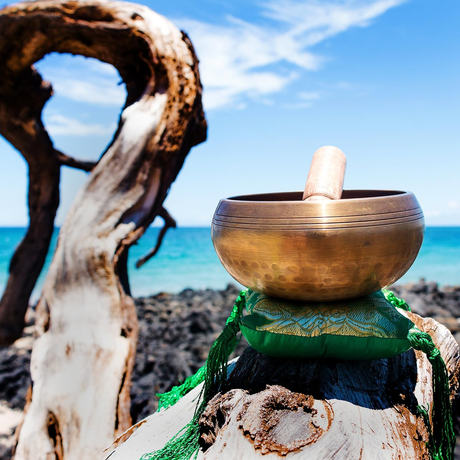 Tibetan Singing Bowl Set by YAK THERAPY- Chakras Healing & Meditation Yoga Sound Bowl with Mallet, Silk Cushion, & Silk Bag, 4.5" Tibetan Bell, Buddhist Bowl Made in Nepal Includes Gift Ebook by Email image number 2