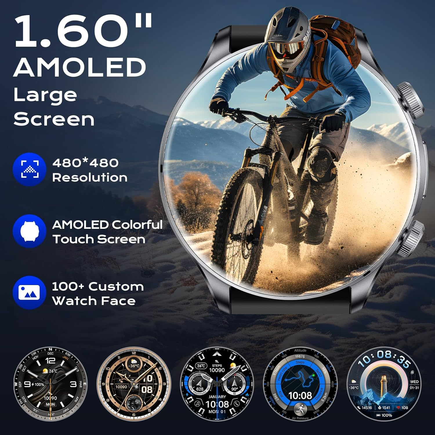 GPS Smart Watches for Men (Answer/Make Call), 1.60" AMOLED Display Smartwatch, 170+ Sports Modes Fitness Tracker Watch with Compass Pedometer, 5ATM Waterproof Mens Smart Watch for Android Iphone