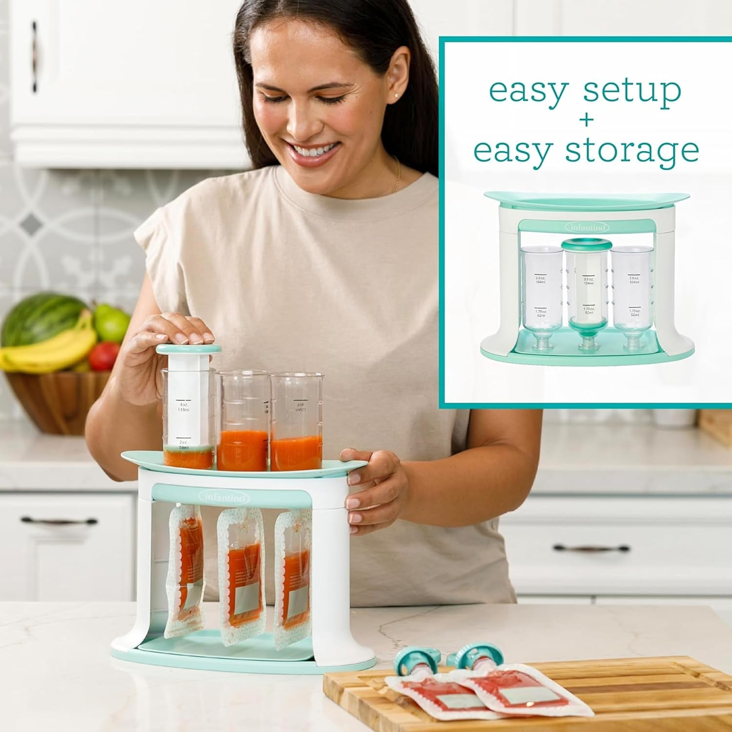 Infantino Squeeze Station, Baby Food Maker & Pouch Filler, Fill 3 Reusable Pouches at Once, Easy to Use, Dishwasher Safe, Homemade Baby Food Prep Essential, Teal image number 6