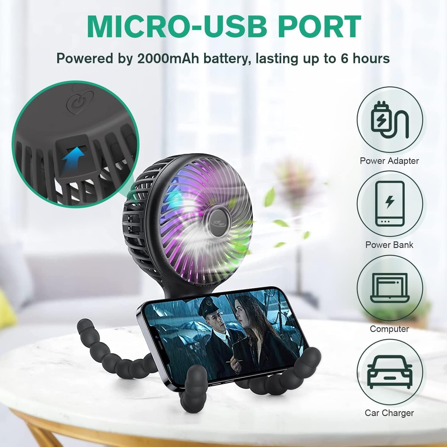 Pram Fan - Portable Stroller Fan for Baby(2-Pack), USB Rechargeable Personal Fan, Mini Handheld Fan, Desk Fan, Adjustable 3 Speeds for Travel, Car Seat, Bike, Camping, Office and Bedroom image number 5