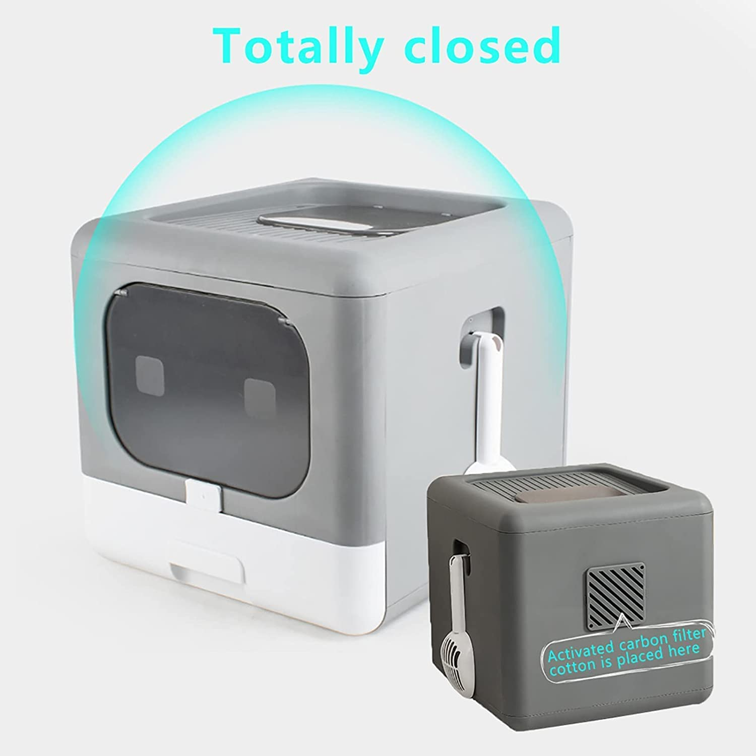 Large Foldable Cat Litter Box with Lid, Closed Cat Litter Boxes with Plastic Scoop, Drawer Type Top Entry Anti-Splashing Cat Potty, Covered Leak Proof Kitty Toilet Litter Pan (Grey)