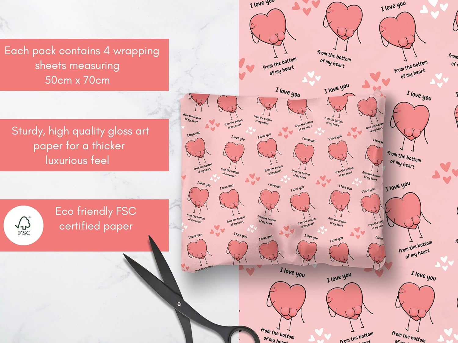 Limalima 4 X Wrapping Paper Sheets. Funny I Love You Heart Design Pink Perfect for Valentine Birthday Mother'S Day & Anniversary Suitable for Men Women Mum Dad Husband & Wife image number 2