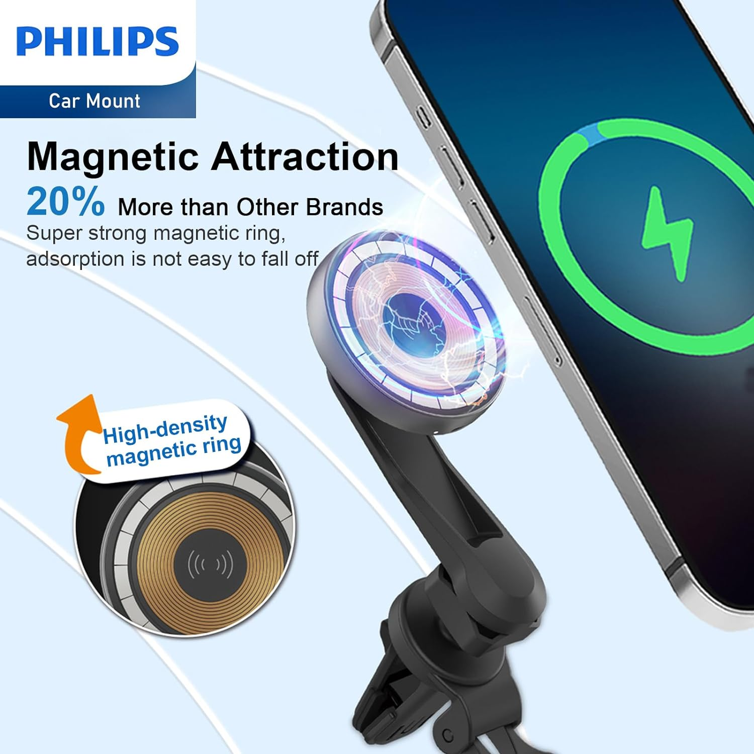 Philips Magnetic Wireless Car Charger Mount, Air Vent for Iphone 16/15/14 plus Pro Max/13/12 Pro Max/12 Mini, 15W Charging Compatible with Magsafe Car Mount, Fast Charging Phone Holder image number 6