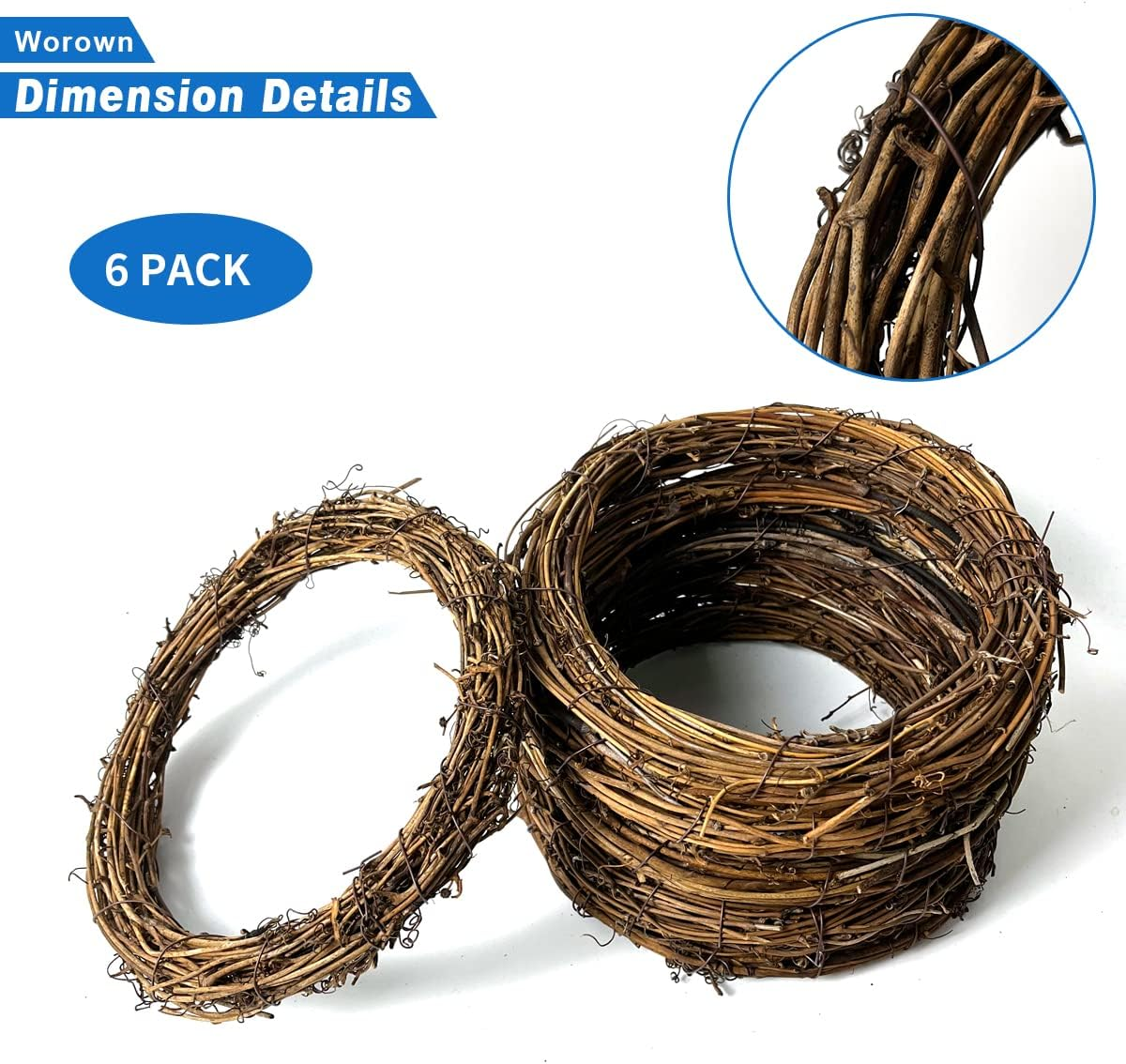 Worown 6 Pcs 20Cm Natural Grapevine Wreaths Vine Branch Wreath Rattan Wreath for DIY Christmas Craft, Front Door Wall Hanging, Wedding and Party Decors image number 1