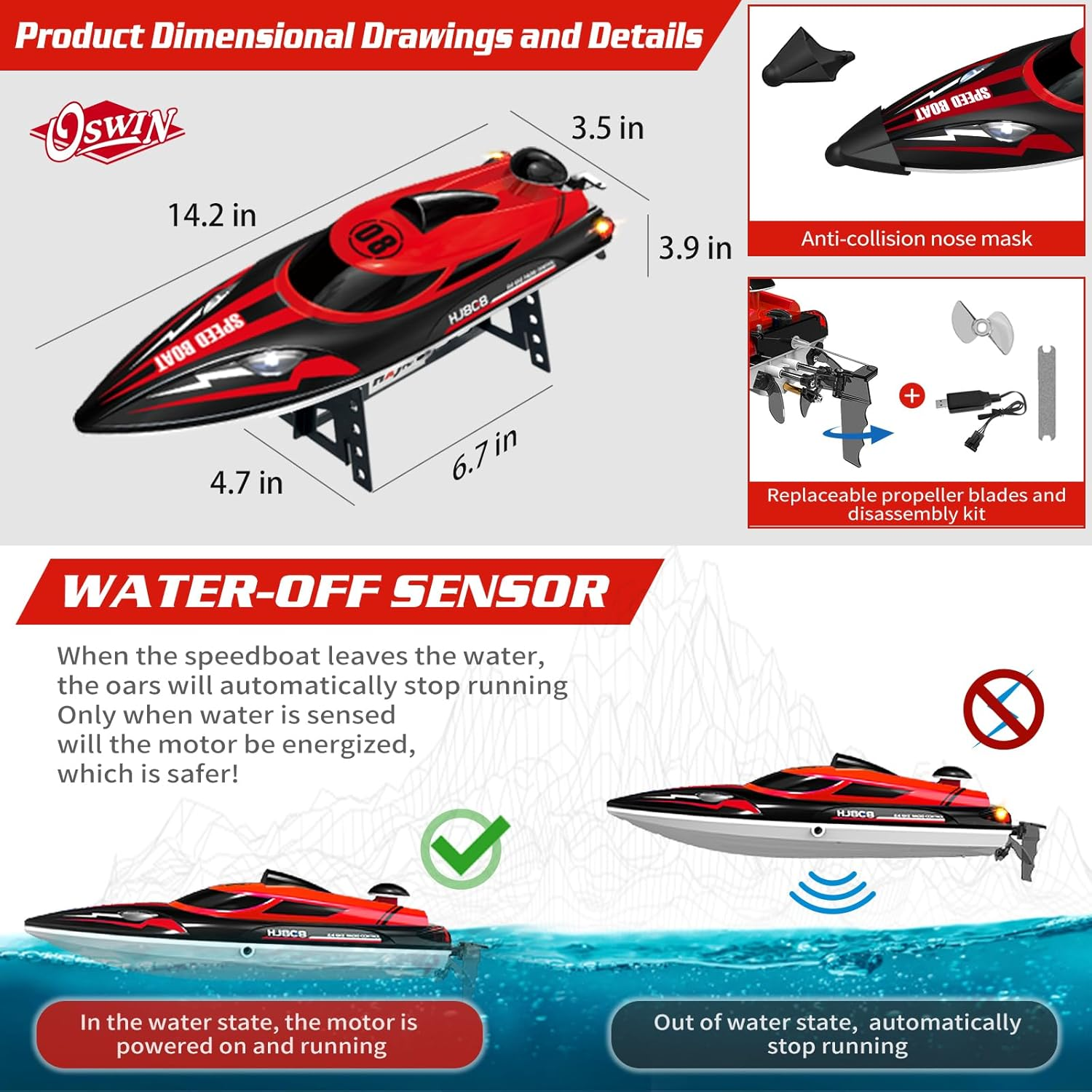 OSWIN RC Boat - HJ808 with 2 Rechargeable Battery, 20+ MPH Fast Remote Control Boat for Pool & Lake, RC Speed Boat 2.4Ghz Race Boats for Adults & Kid, Outdoor Water Toys(Red) image number 1