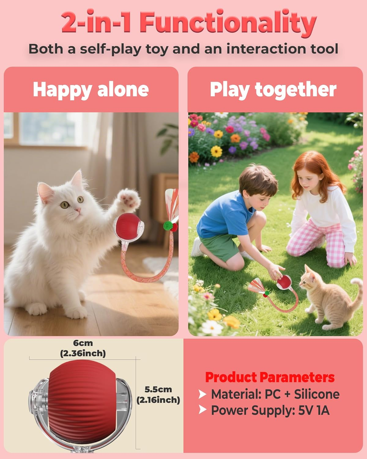 Cat Toy, Agile Moving Cat Ball with Elastic Mesh Tail, Interactive Cat Toy for Indoor Cats, with Motion Activated, Ultra-Fast Kitten Toy（Red image number 5