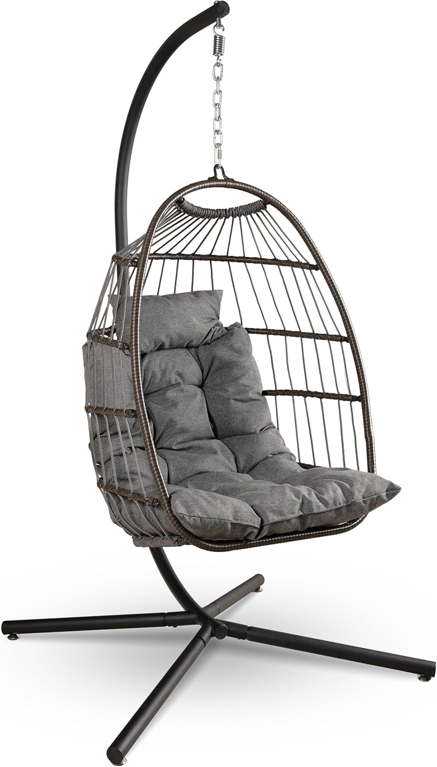 Serenelife Hanging Egg Chair with Stand - up to 250 Kg of Capacity - Beautiful Swinging Basket Chair with Base Made from Wicker Rattan and Powder-Coated Steel Frame - Egg Swing Chair with Stand