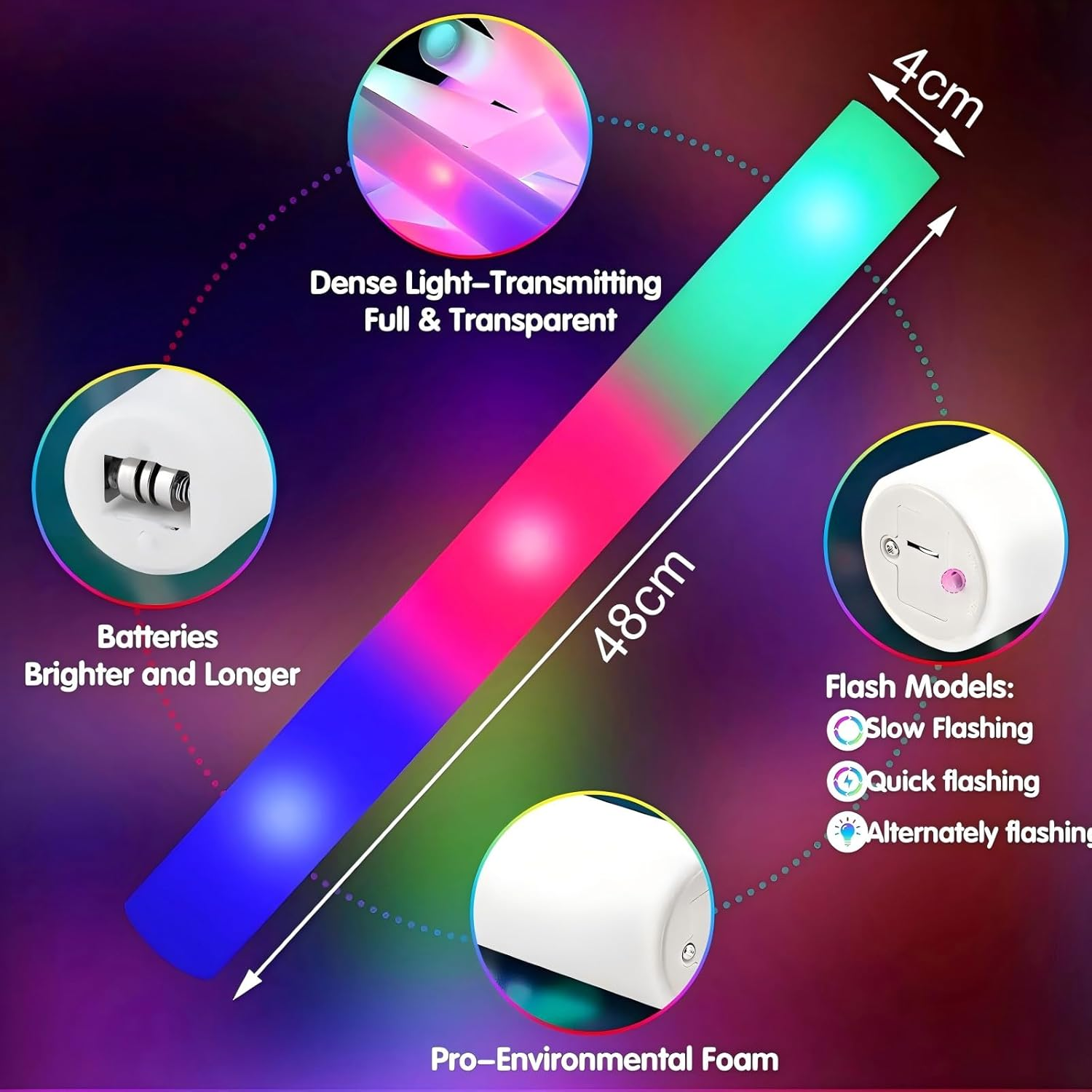Giant 48CM Foam Glow Sticks Bulk, 10 PCS LED Light Sticks Glow in the Dark Party Supplies with 3 Modes Colorful Flashing Light up Toys for New Year Birthday Party Wedding Concert Halloween Christmas image number 1