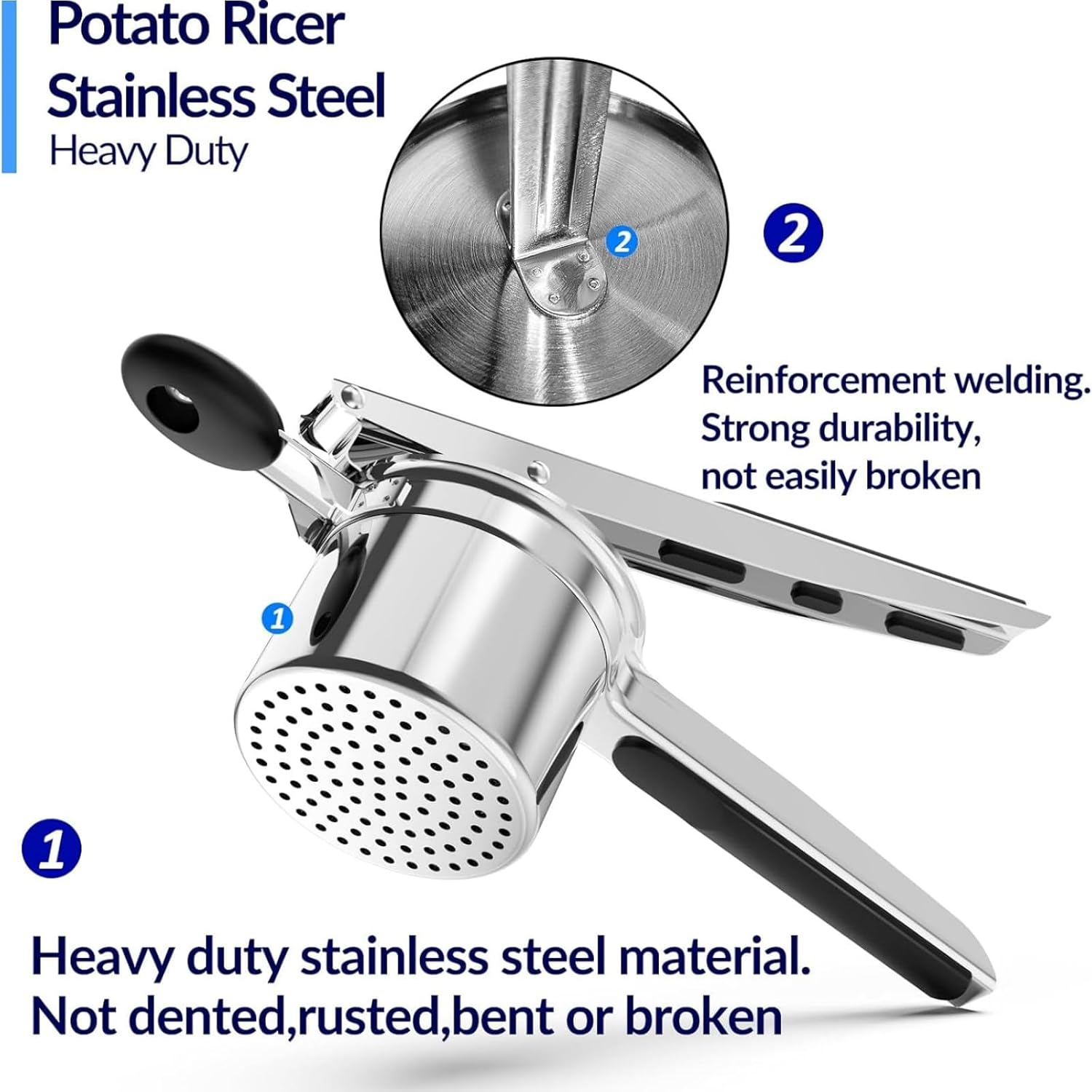 Potato Ricer, Heavy Duty Potato Masher with 3 Interchangeable Discs, Potato Ricer Stainless Steel for Fluffy Mashed Potato, Potato Press, Fruit Juicer, Food Press Squeezer Too 15Oz image number 5
