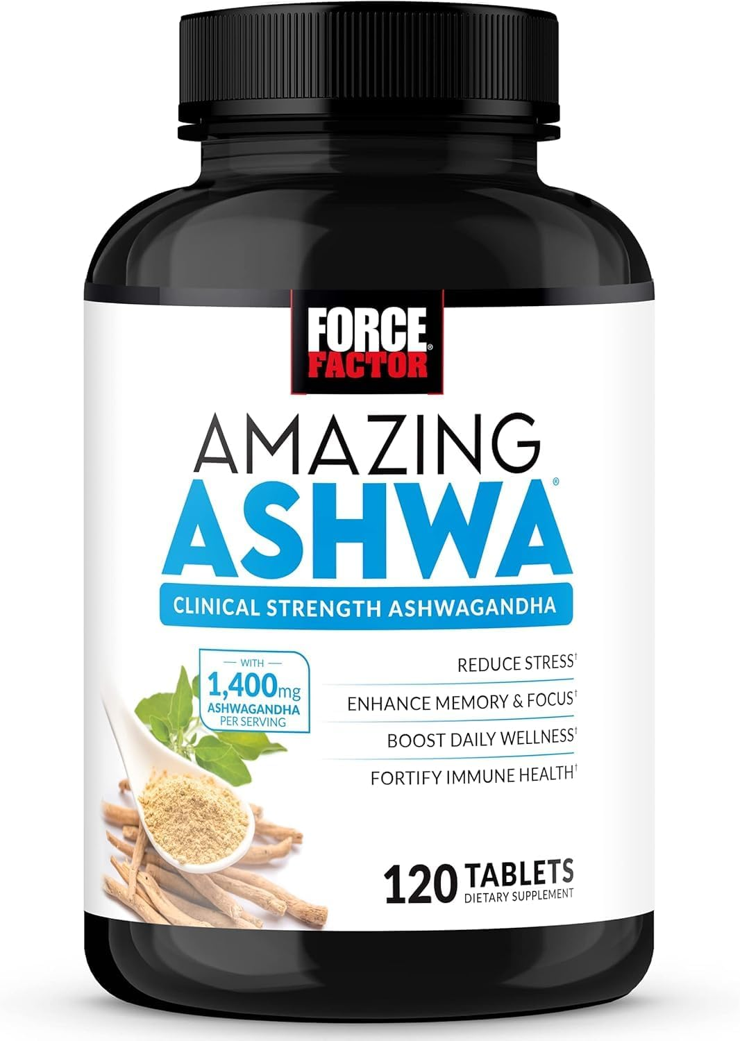 Force Factor Amazing Ashwa for Stress Relief, Memory, Focus, Immune Health, and Metabolism, Ashwaganda Supplement with KSM-66 Ashwagandha for Stress, 120 Tablets, White Packaging image number 1