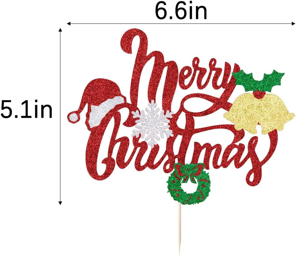 Merry Christmas Cake Toppers Glitter Christmas Eve Xmas Cupcake Picks for Celebrating Merry Christmas Theme New Year Holiday Party Cake Decorations Supplies ﻿ (Merry Christmas （Small Bell）) image number 1