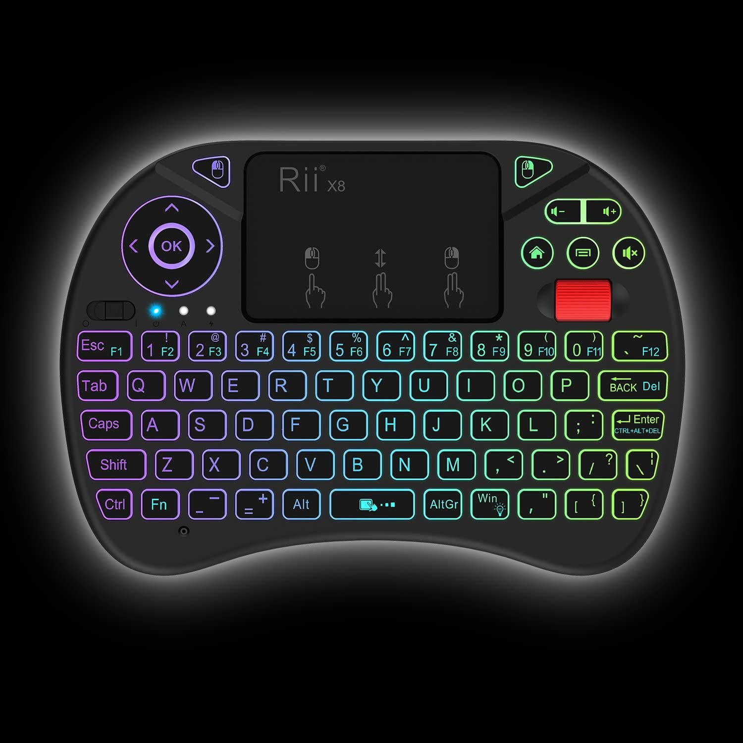 Upgraded Riitek Rii X8 2.4Ghz Mini Wireless Keyboard Remote Controller with Touchpad Mouse Combo, 8-Colour LED Backlight, Scroll Wheel and Built-In Rechargeable Lithium-Ion Battery