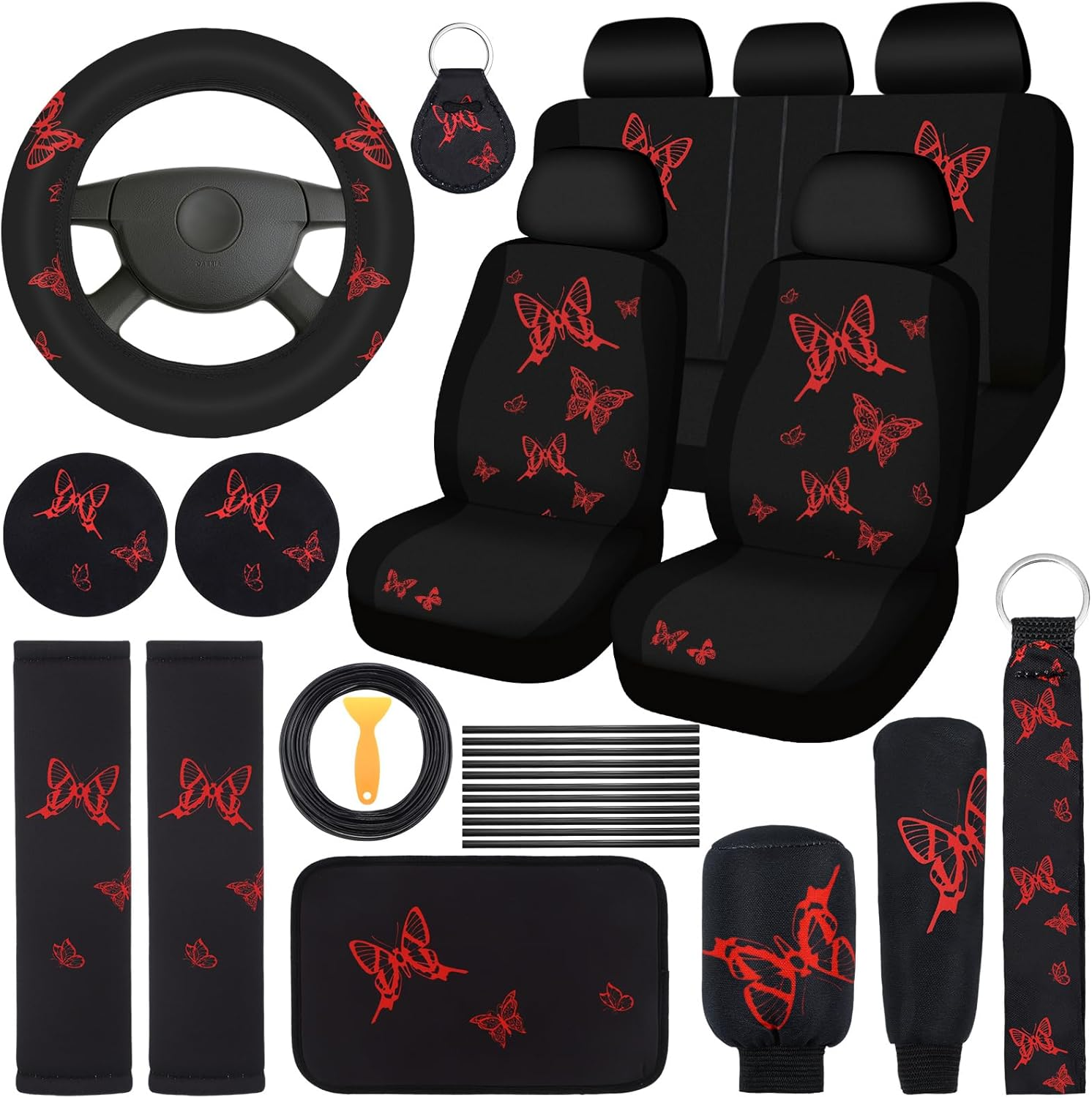 BBTO 43 Pcs Butterfly Car Seat Full Set Butterfly Car Accessories for Women 5 Front Rear Seat Covers Wrist Strap 2 Pieces Cup Mat Armrest Pad 2 Seat Belt Cover Accessories for SUV Car (Red, Black)