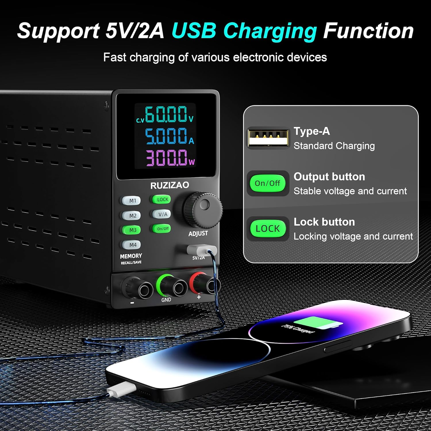 DC Power Supply Variable, 300V 1A, High Voltage Adjustable Switching Regulated Lab Bench Power Supply with 4 Storage Modes, Encoder Knob, Output Switch, Lock Button, Colorful 4-Digit Display image number 4