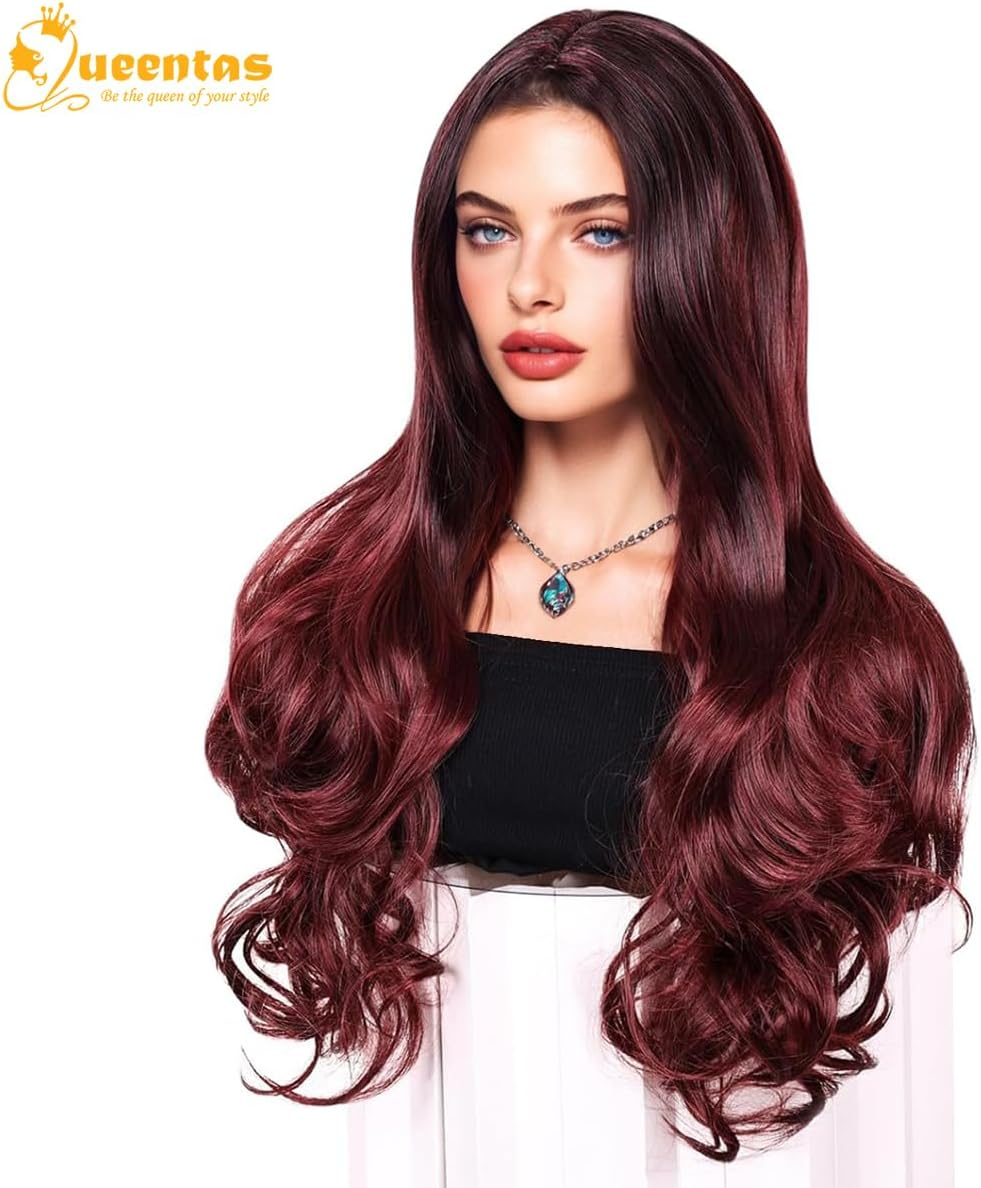 QUEENTAS 24 Inch Black Ombre Burgundy Wigs for Women Long Curly Wig Glueless Deep Wave Synthetic Hair Wigs image number 1