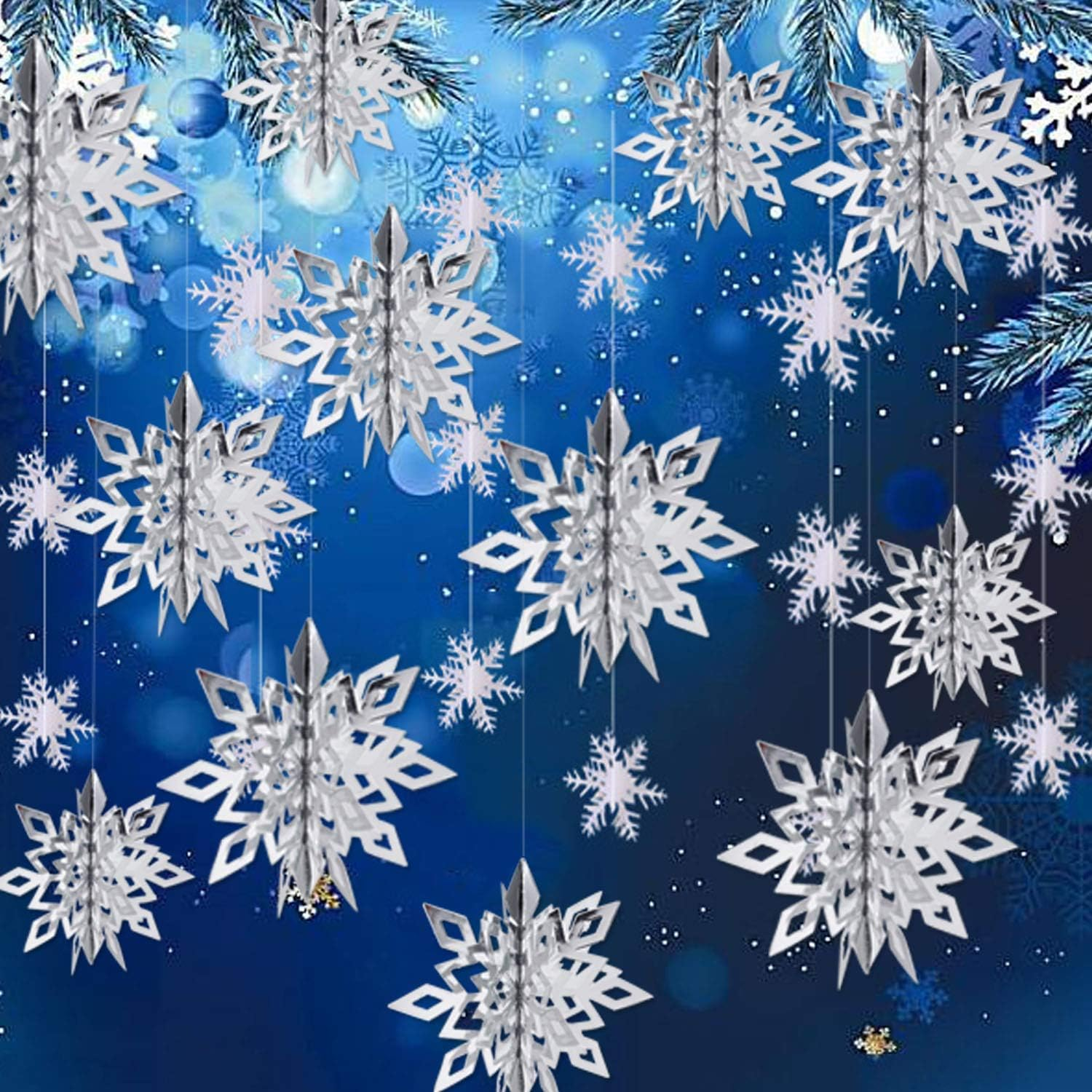 Winter Christmas Hanging Snowflake Decorations - 12PCS 3D Large White Snowflakes & 12PCS Paper Snowflakes Hanging Garland for Christmas Winter Wonderland Holiday New Year Party Home Decoration