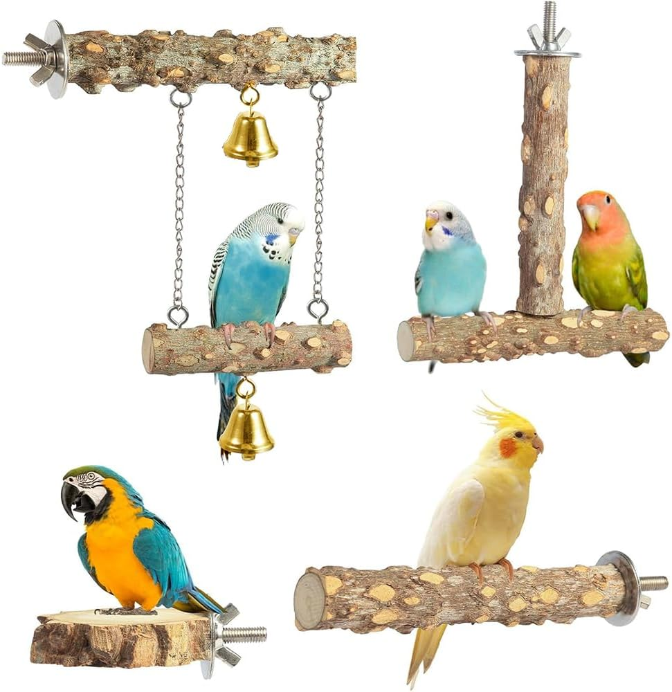 Bird Habitat, 4 Natural Wooden Bird Standing Branches, Bird Habitat Chewing Stick Cage Accessories, Parrot Climbing Standing Branches, Claw Grinding Fork Set Suitable for Parrots, Love Birds, Parrots image number 3