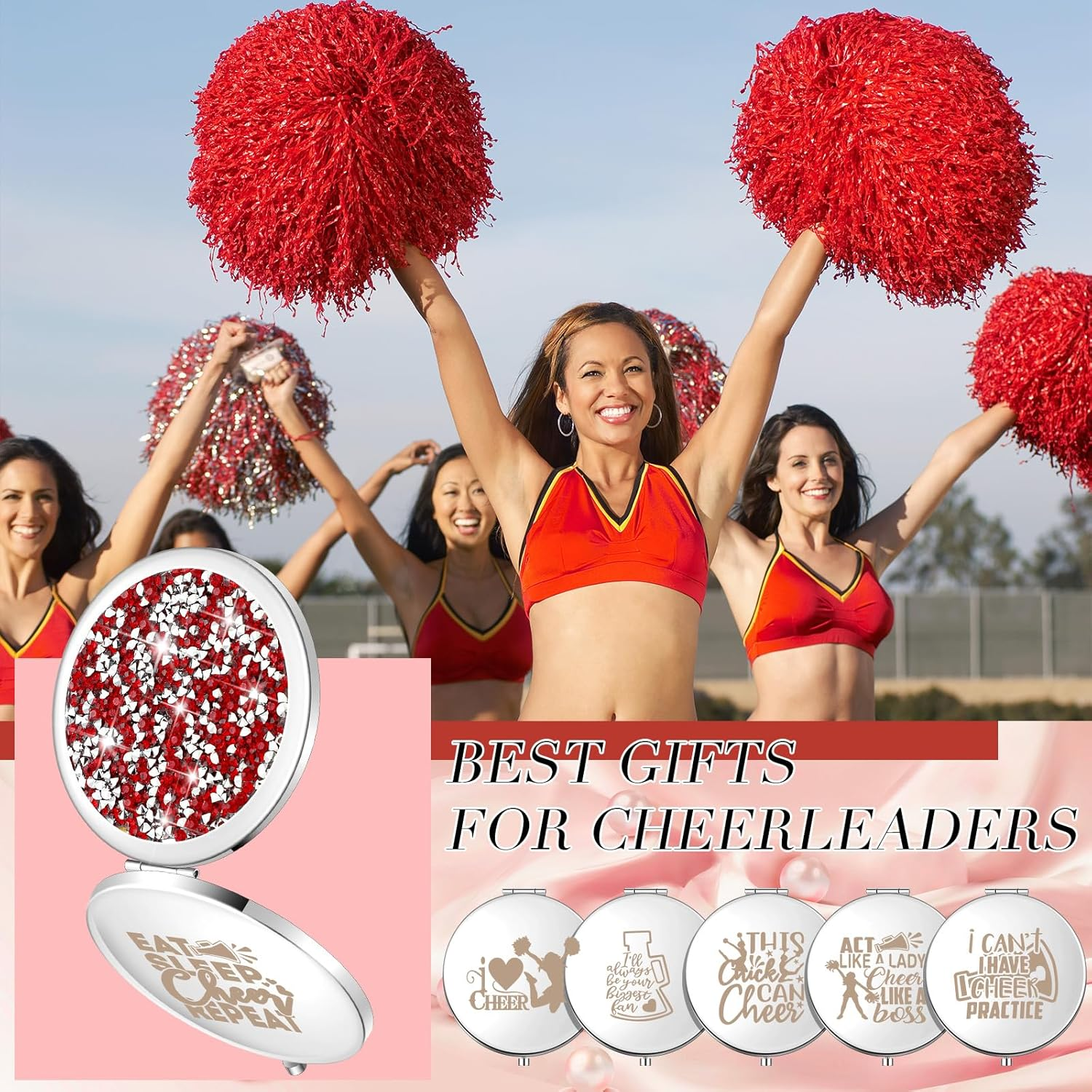 Sintuff 12 Pcs Cheer Gifts for Cheerleaders Cheerleading Compact Mirror Bulk Cheer for Coach Cheerleader Gifts Folding Pocket Cosmetic Purse Mirror for Cheer Team Mirror Accessories (Red, Silver) image number 6