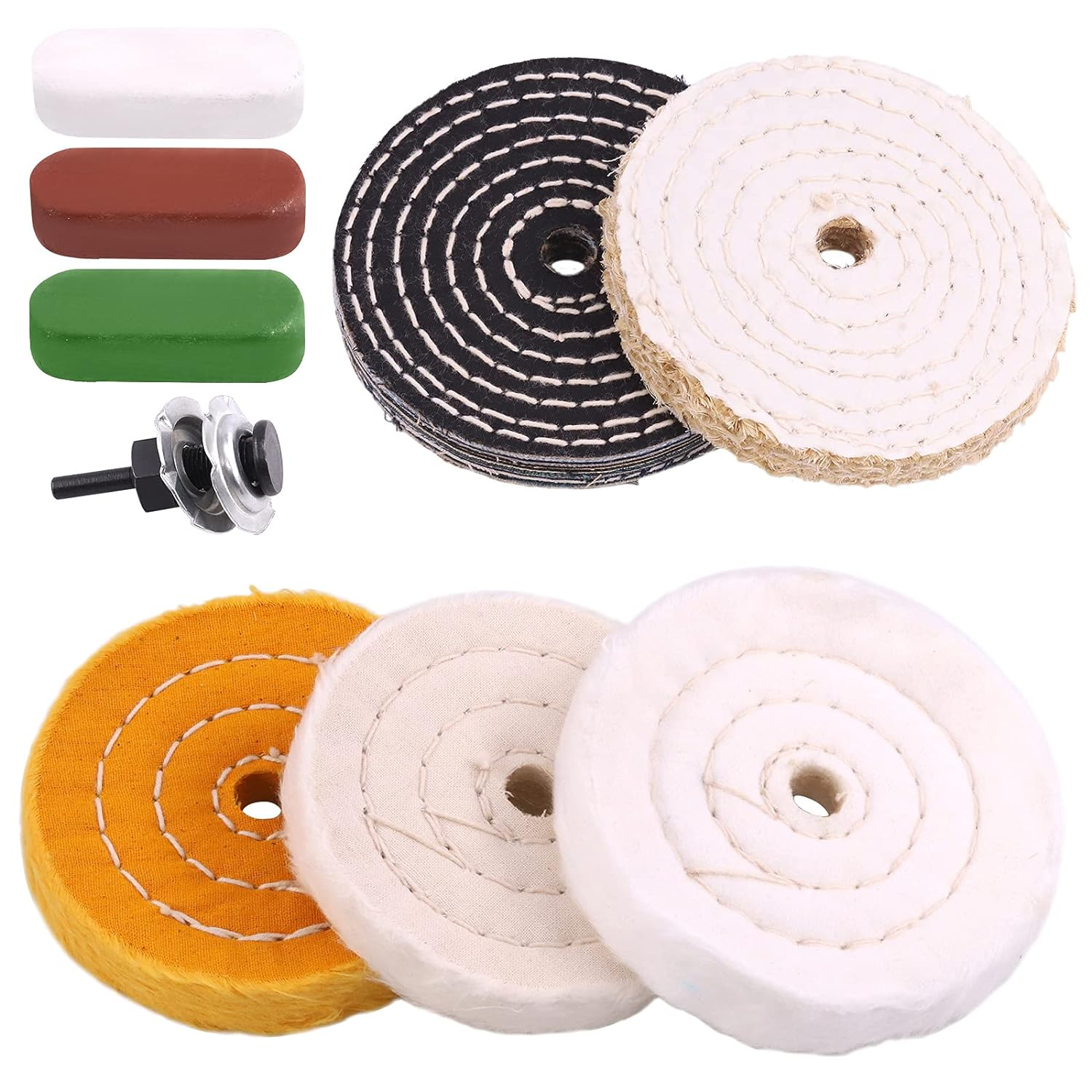 9Pcs 4'' Buffing Polishing Wheels Set Including Yellow(36Ply)/White(50Ply)/ Flannel(30Ply)/ Denim/Sisal Wheel with 1/2" Arbor Hole 3Pcs Compound and 1/4" Handle for Polishing image number 5