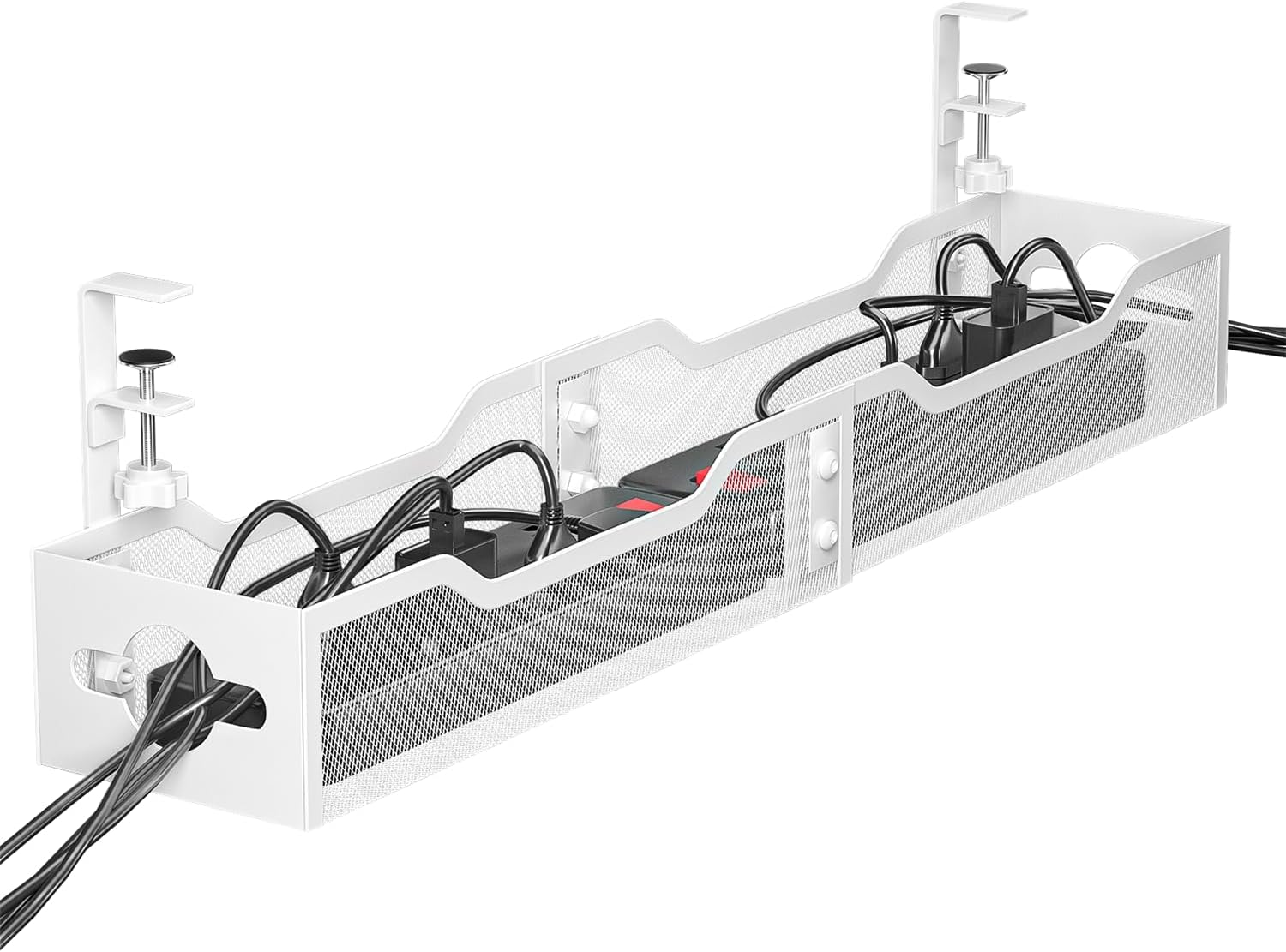 Under Desk Cable Management Tray, Litwaro No Drill, Metal Tray with Clamp for Wire Management, Cord Organizer Home Office Damage to Standing Desk, White, 13.38''