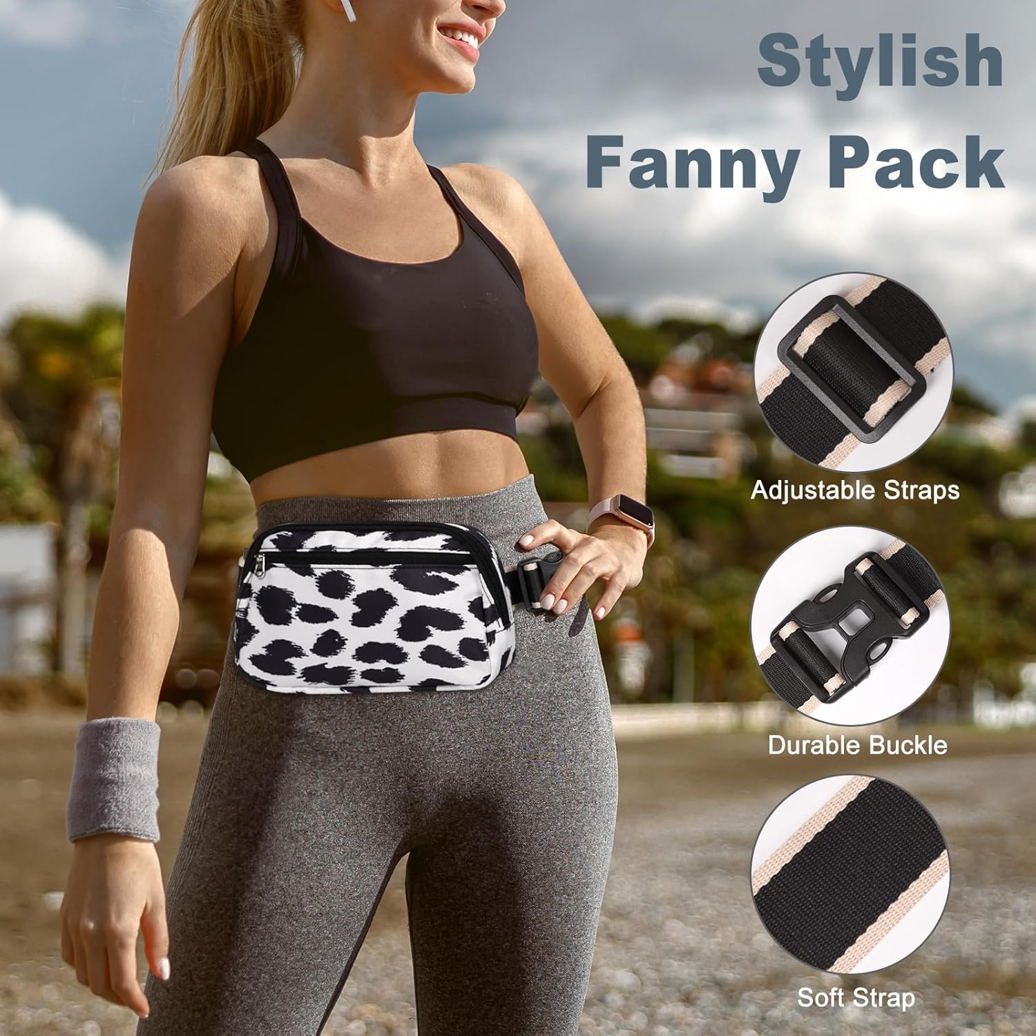 Dmluna Small Crossbody Bags for Women Trendy, Lightweight Fanny Pack for Women & Men, Mini Belt Bag, Waist Bag with Adjustable Strap for Running Workout Traveling, Z - Black/White Leopard, Small, image number 4