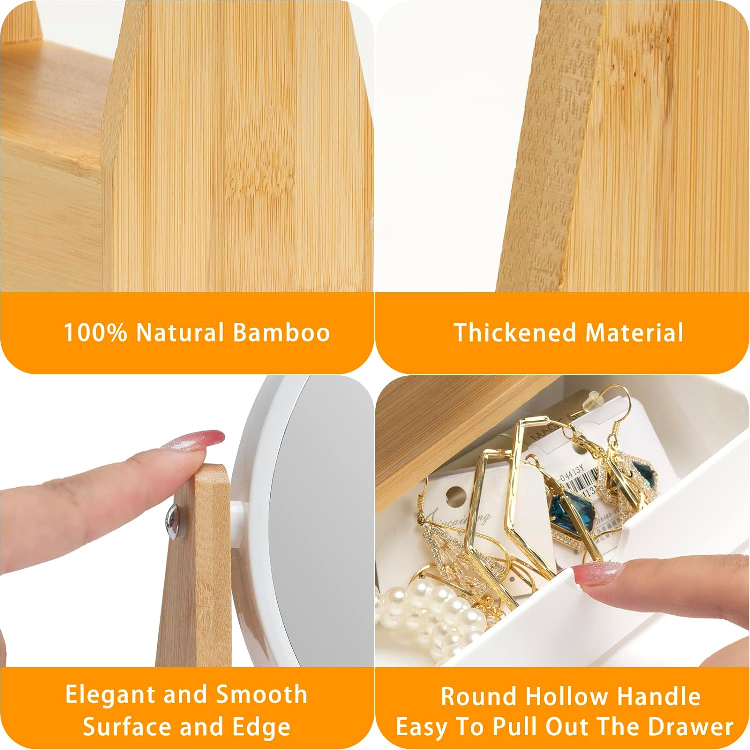 YEAKE Vanity Makeup Mirror with Natural Bamboo Stand, 10"L X 7.5"W, 1X/3X Double Sided Magnifying Mirror with Drawer, Portable Tabletop Mount, Bathroom Shaving Mirror (Round) image number 4