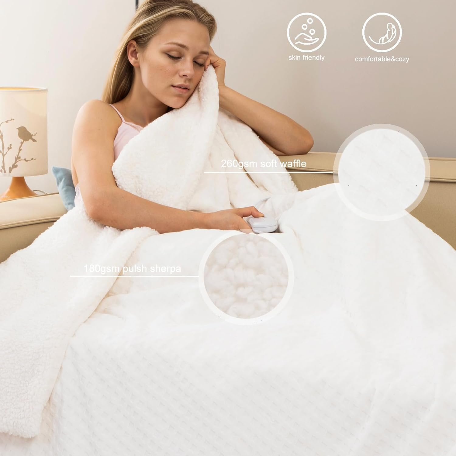 YDW Heated Blanket Electric Throw - 180X200Cm Soft Rug Plush Fleece Waffle Heating Warming Rugs with Auto Shut off for Couch Office Chair Lap Bed Adults Fuzzy Cozy Machine Washable Double Size Beige image number 3