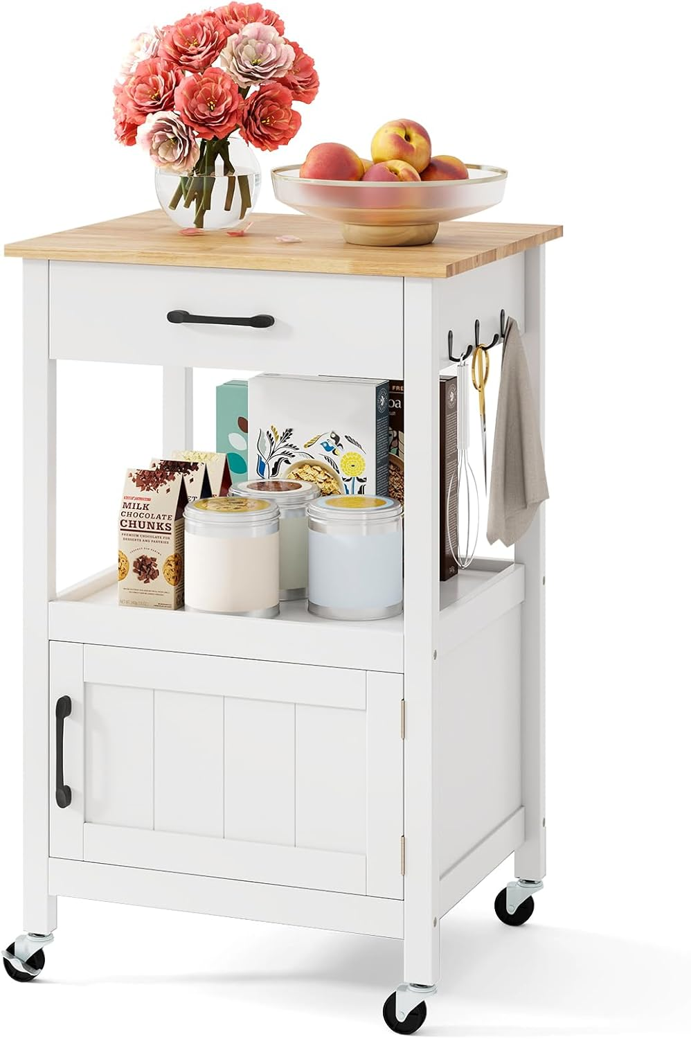 Giantex Small Kitchen Island Cart on Wheels, Rolling Kitchen Island W/Rubber Wood Top, Large Drawer, 3 Hooks, Open Shelf, Door Cabinet, Suitable for Kitchen & Dining Room, White