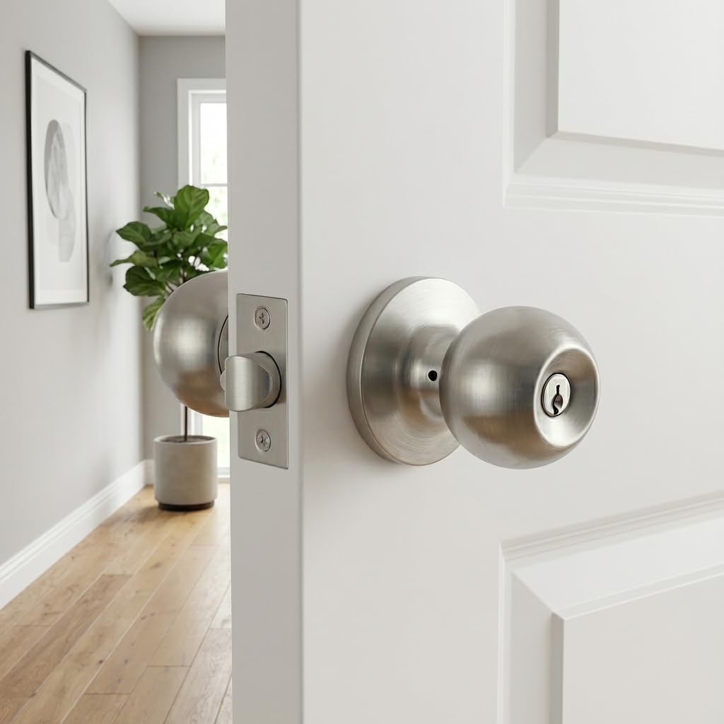 Keyed Entry Door Knob with Lock, Interior and Exterior Door Lock, Standard Ball, Satin Nickel(Hy904) image number 1