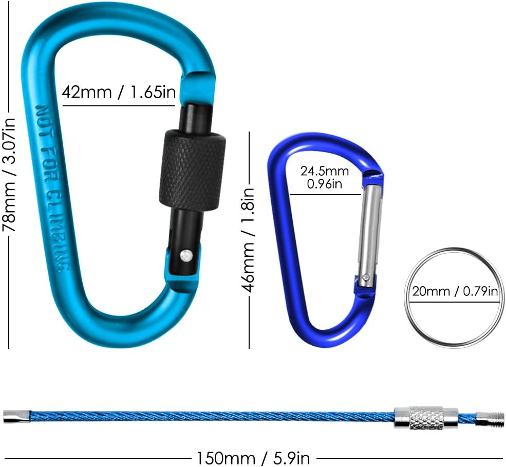 Yucool 10 Pack Aluminum D-Ring Carabiners, D Shape Keychain Clips Hook Spring-Loaded for Camping Hiking Fishing, with 10 Stainless Steel Wire Keychains, 10 Key Rings - Multi-Color image number 6