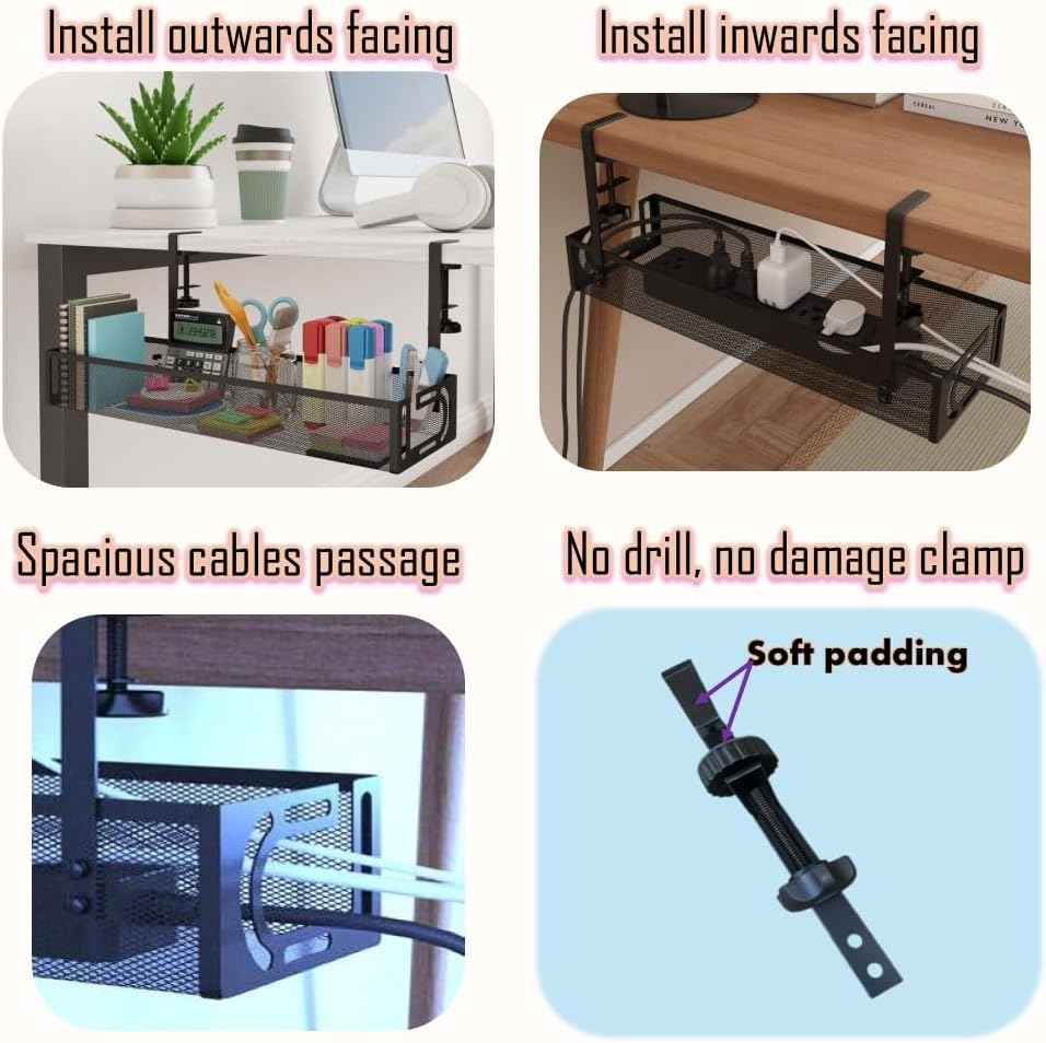 Under Desk Cable Management Tray Black, 15.7" Clamp-On Wire Organiser Box for Sitting or Standing Desk, Office, Home - No Damage, No Drill 40Cm image number 5