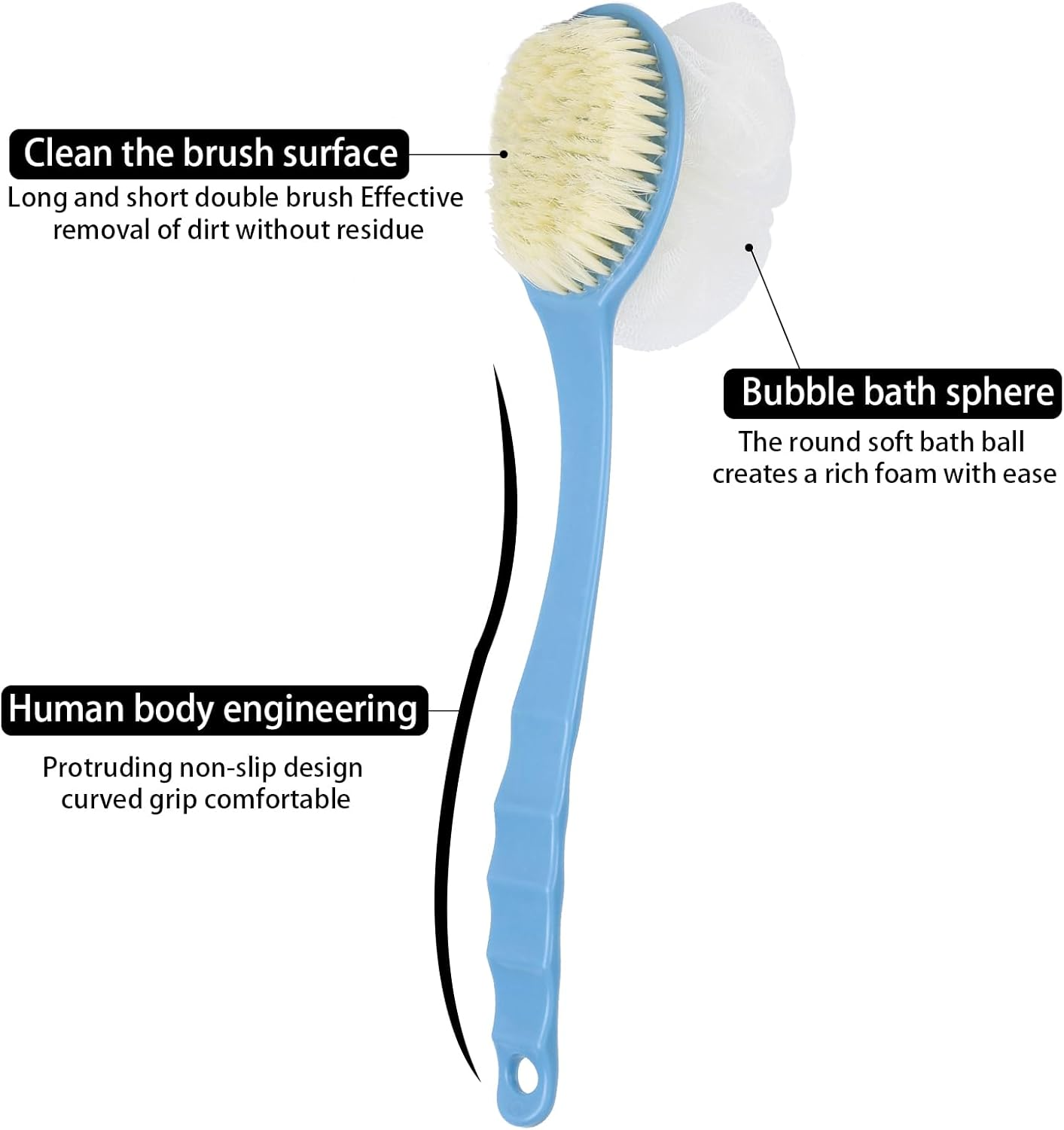 Long Handle Body Shower Brush with Soft Bristle and Exfoliating Loofah Bath Sponge - 13.4 Inches Blue Back Scrubber for Adults Bathroom Accessories image number 2