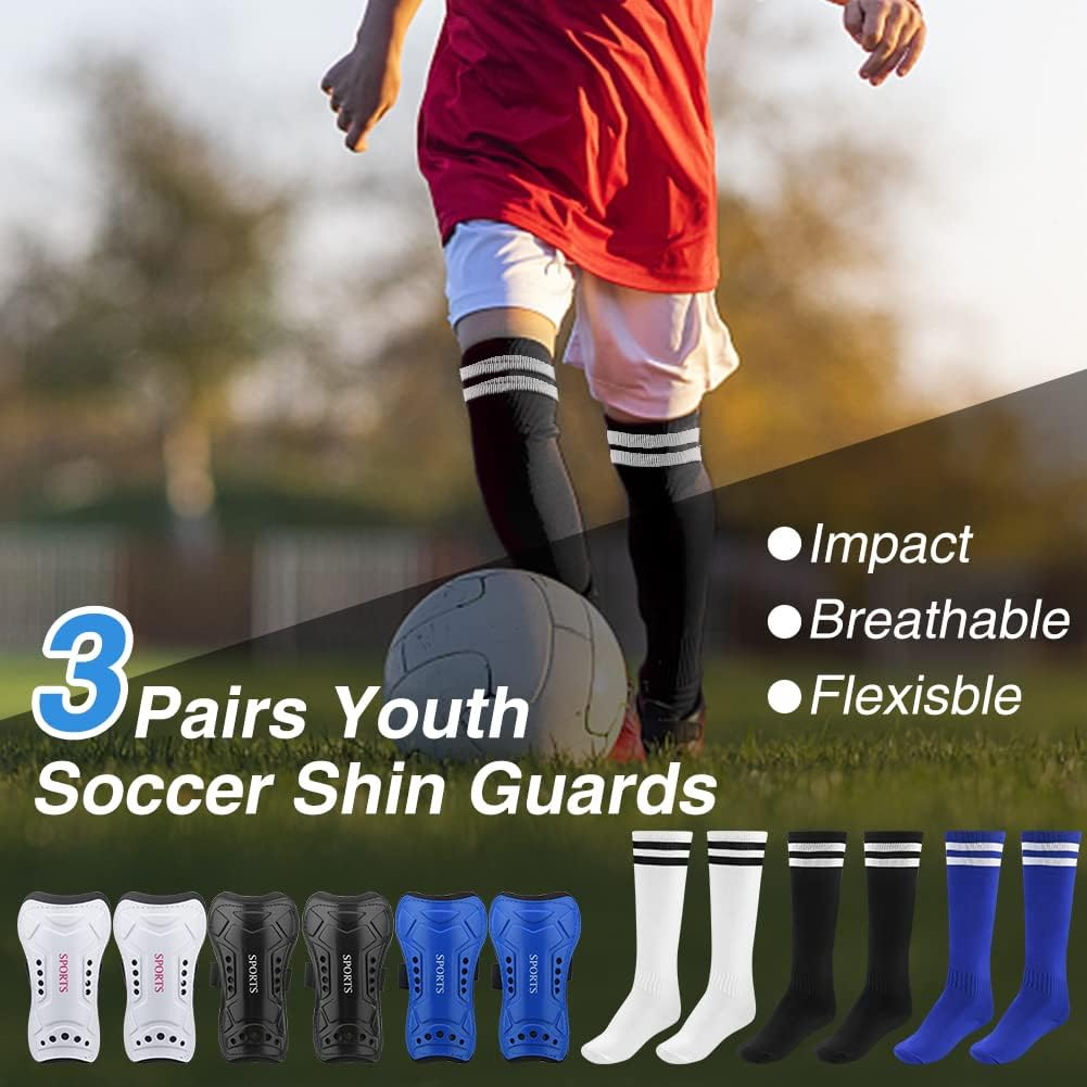 3 Pairs Youth Soccer Shin Guards - Impact Resistant Kids Soccer Shins Guards + 3 Pairs Long Soccers Socks, Flexible Football Shin Pads Protectors for 6-15 Years Old Boys Girls Children Teenagers image number 4