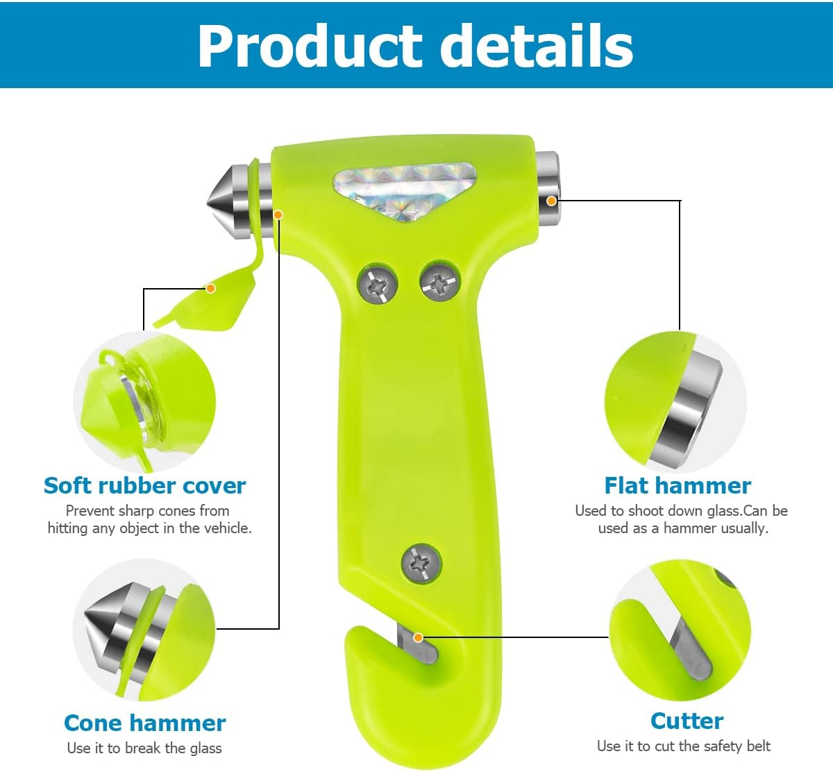 BELOMI 2 Pack Car Safety Hammer, Emergency Escape Tool with Window Breaker and Seat Belt Cutter, 5-In-1 Auto Multifunctional Escape Hammer for Accident, Vehicle Survive Accessories (Green)