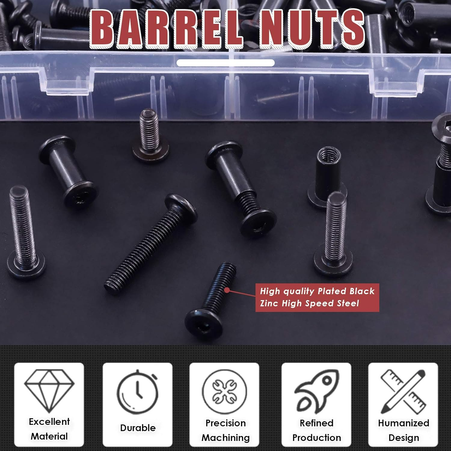 Hilitchi 120Pcs M6 Hex Drive Socket Cap Bolts Kit Countersunk Head Screws Bolts Dowel Barrel Nuts Crib Nuts Assortment Kit for Furniture Hardware Fitting (16/20/25/30/35Mm) image number 4