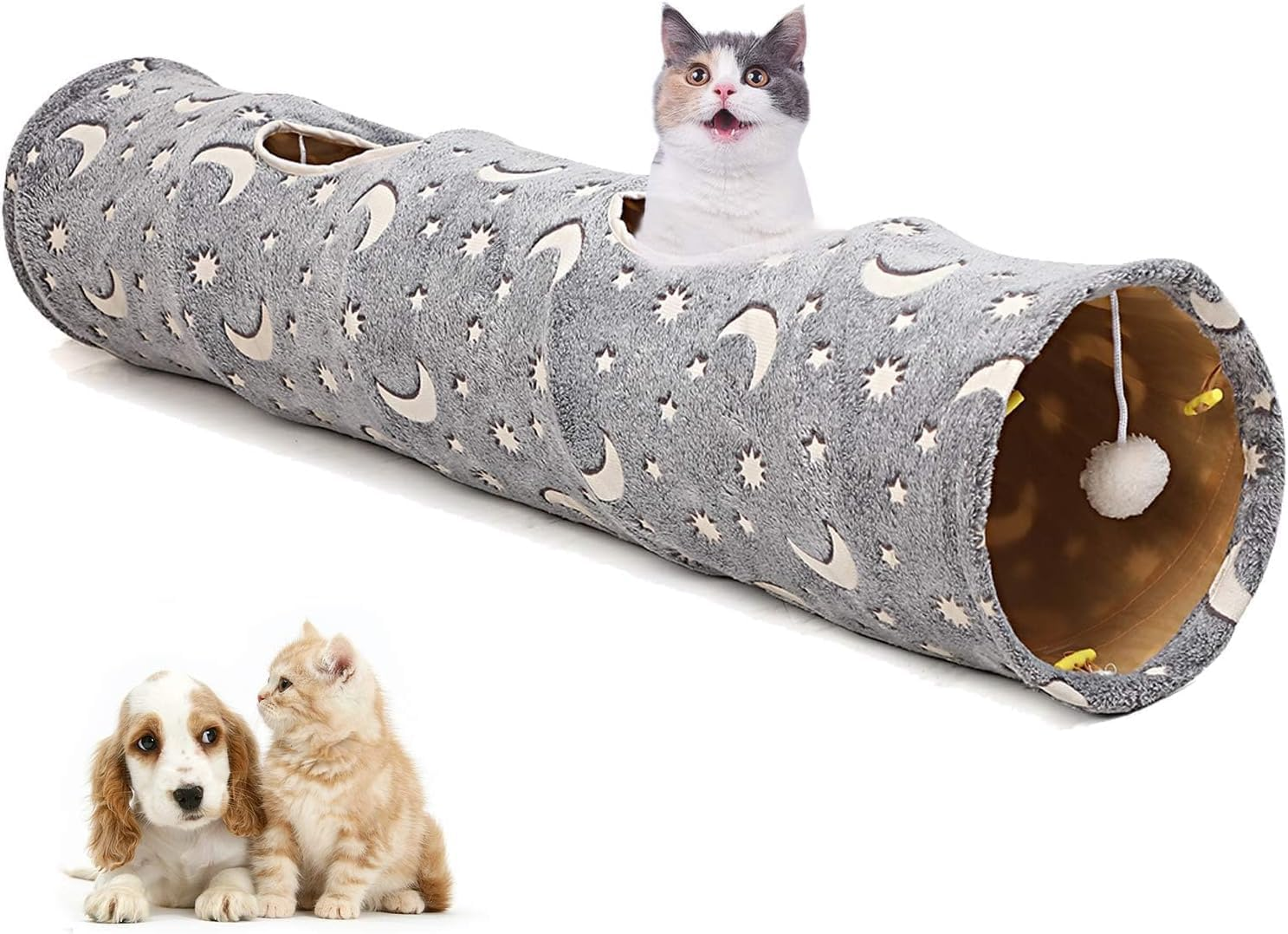 Cat Tunnel with Plush Ball, Self-Luminous Cat Toys for Indoor Cats, Interactive Cat Tunnel Toy, Cat Tunnels for Indoor Cats, for Kittens, Rabbits, Ferrets, Puppies and Small Dogs, Grey Moon Star image number 3