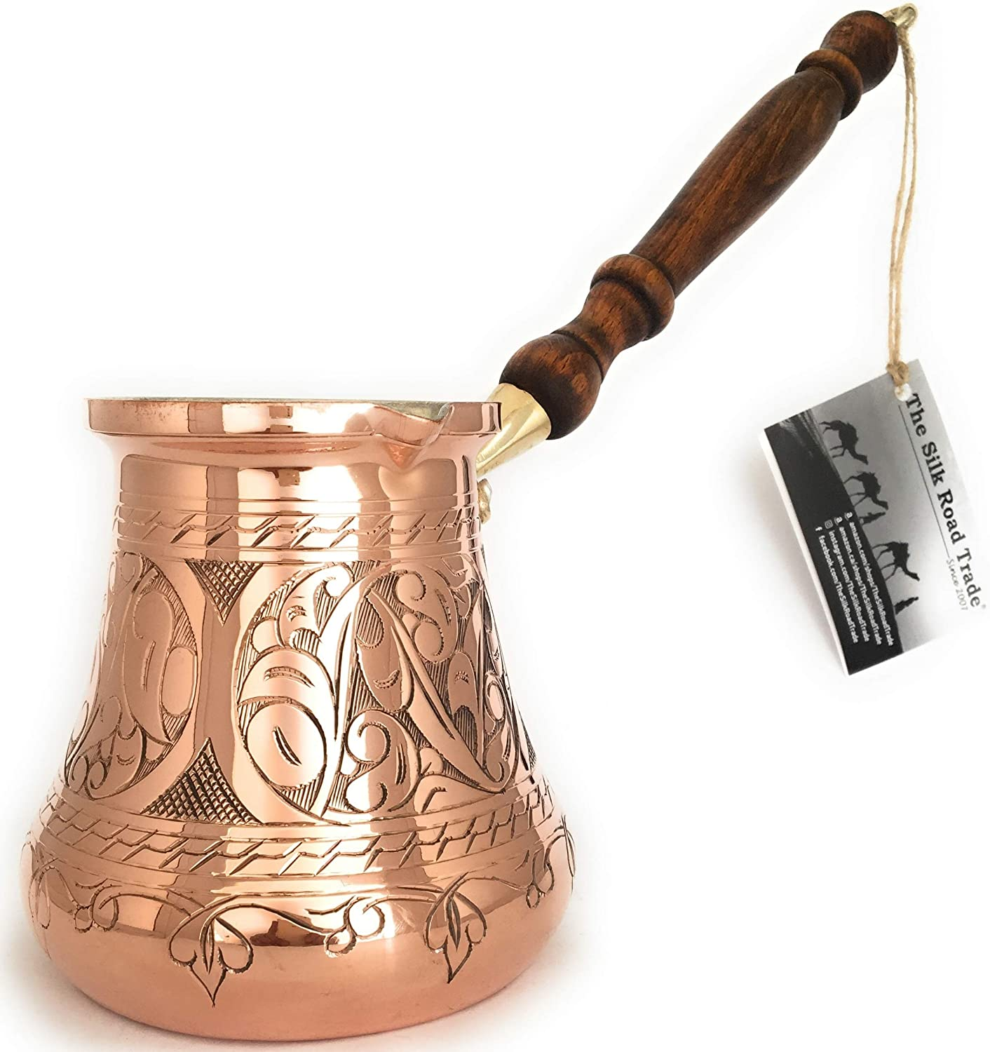 PC Series - Thickest Solid Copper Turkish Greek Arabic Coffee Pot, Heavy Duty Engraved Body Hammered Bottom with Wooden Handle, Stovetop Coffee Maker Jazzve Cezve Ibrik Xx-Large Copper image number 2