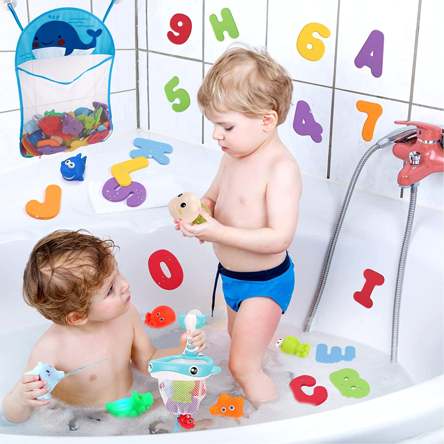 Kaekid Toddlers Bath Toy, Water Spraying Discoloration Light-Up Floating Animals Bath Toys Set, Foam Bath Letters and Numbers Bath Toy, Water Toys for Kids Boys Girls (Multicolour)