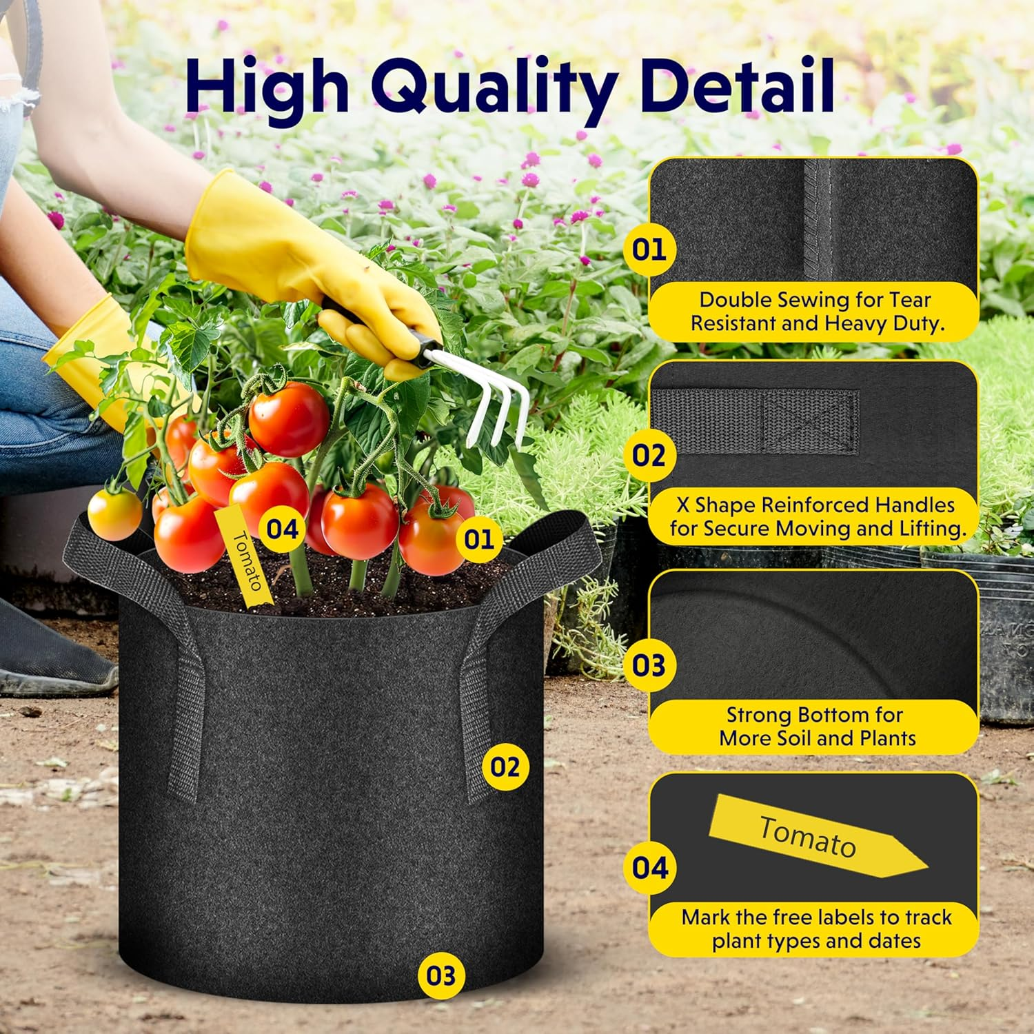 Ipower 5 Gallon 5 Pack Grow Bags Nonwoven Fabric Pots Aeration Container with Strap Handles for Garden and Planting, 5-Pack Black, 5 Gallon image number 6