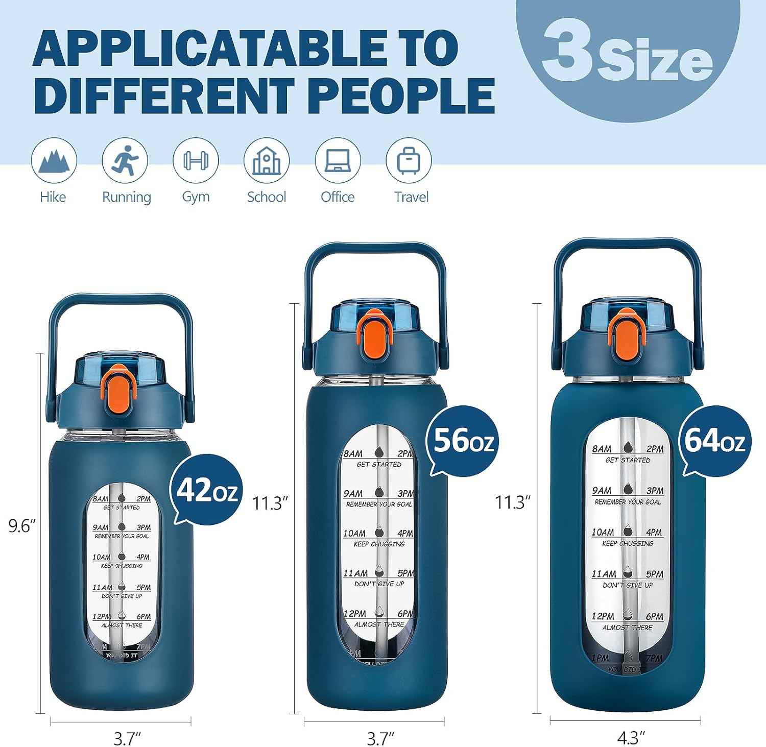 Kytffu 64Oz Glass Water Bottles with Straw, Half Gallon Motivational Glass Bottle with Silicone Sleeve and Time Marker, 2L Leakproof Large Glass Water Jug for Gym Home Office,Blue image number 4