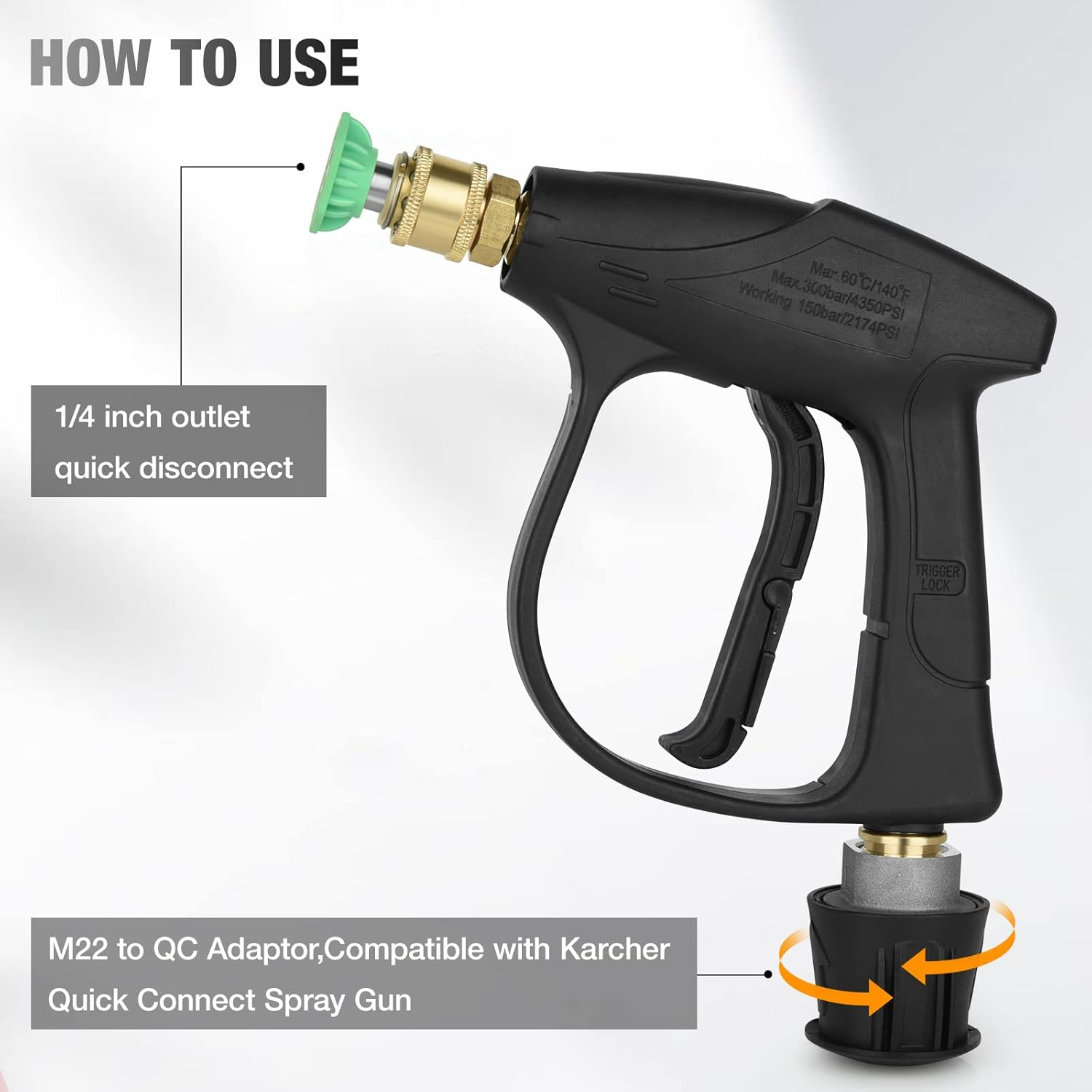 Short Pressure Washer Gun: 4350 PSI High Power Washer Spay Gun with 5 Nozzle Tips, Compatible with 1/4 Outlet Connect Nozzles for Car Wash, Garden, Pool & Home Cleaning Tools