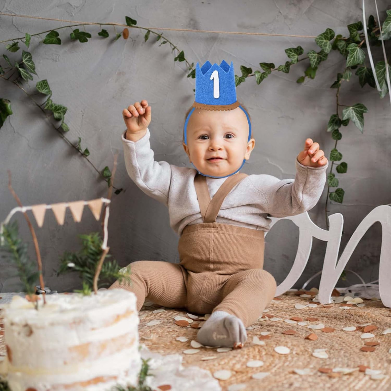 First Birthday Hat for Baby, 1St Birthday Party Supplies Boho Cute Birthday Crown with Elastic Band for Girls Boys Birthday Party Decorations (Blue) image number 1